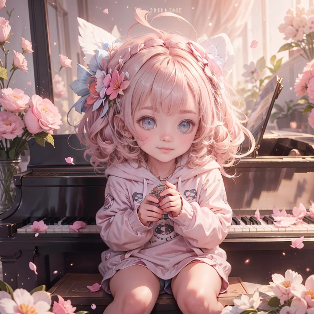 Cute 3D,Baby pink hair,Cute eyes,Adorable smile,Esbian all over、Pure、Lolita hoodie fashion,Pure,Grand piano,Rosy Cheeks,de luz,satin,Flowers sparkle,blue sky,Campanella,Fantasy World,Pastel Style,Soft Blending,Depth of written boundary_shallow