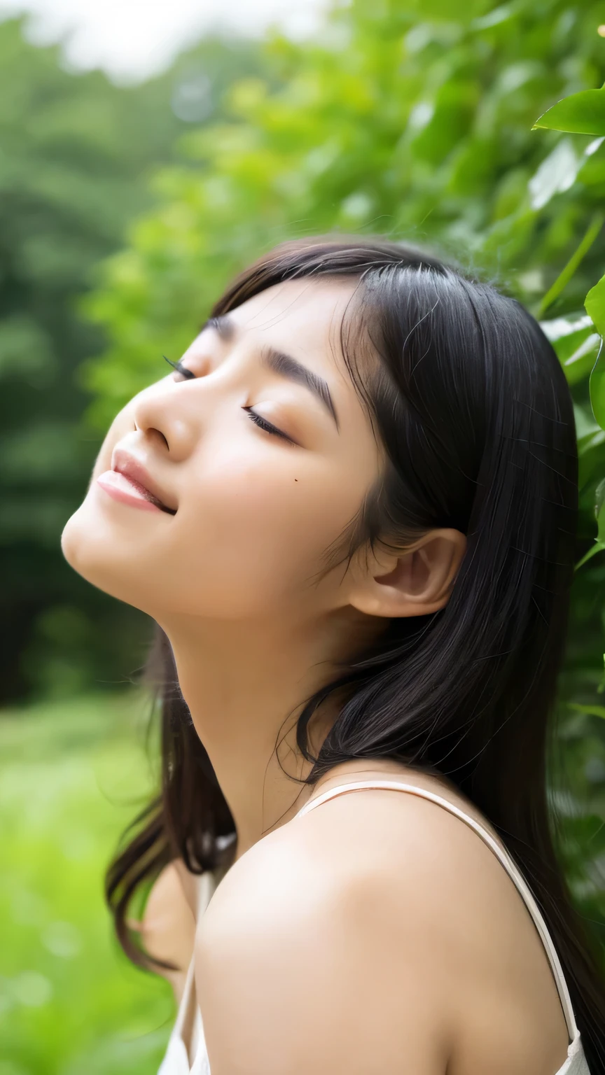 masterpiece High resolution Female student Delicate face Thick eyebrows Deep-set eyelids very cute natural atmosphere boyish 16 years old Shortcuts Dimples Mole Tanuki face Tank top Listen to the Earth