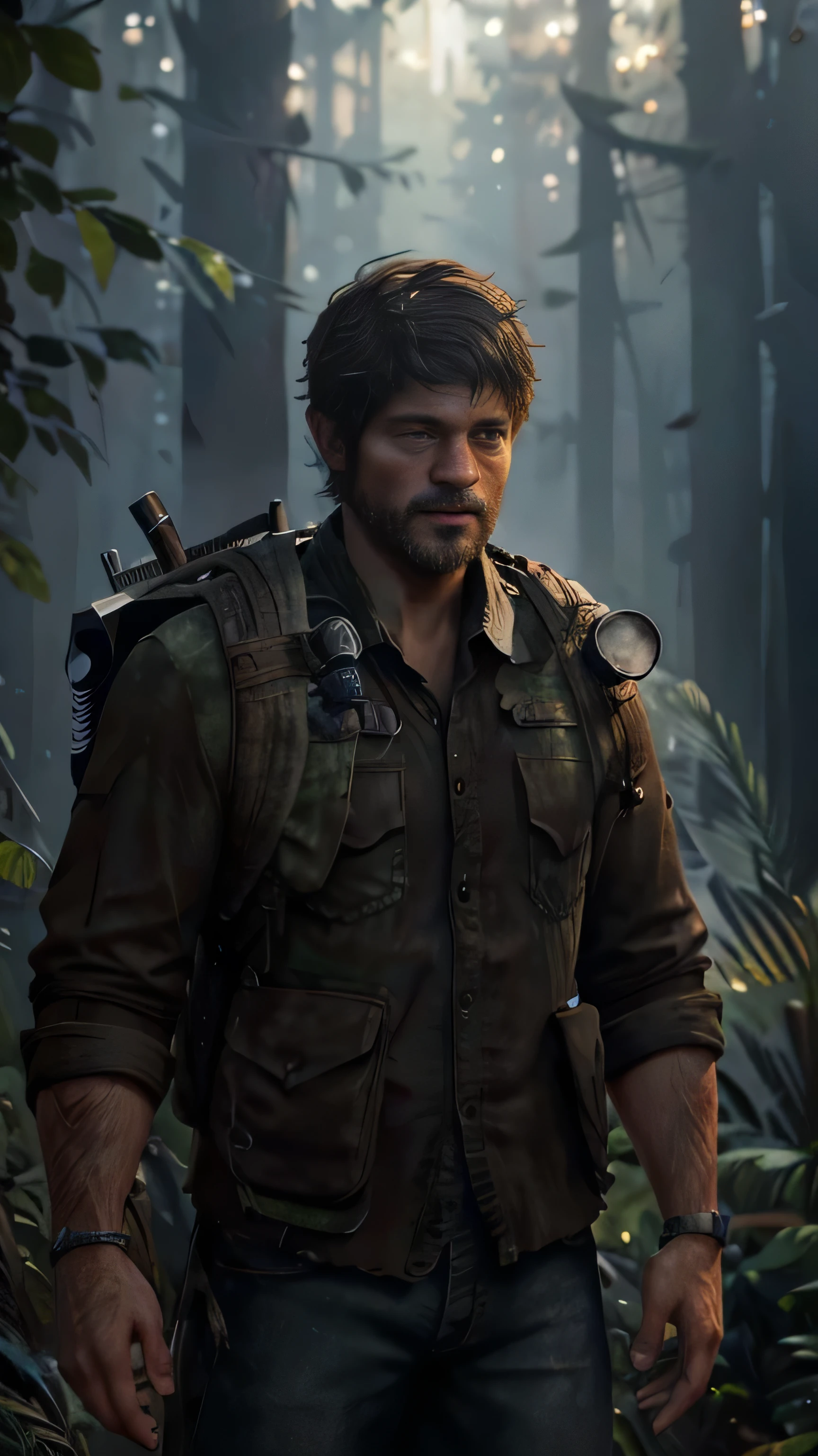 (Iwan Rheon) as Joel from The Last Of Us, brown hair, brown eyes, beard, in a serene tranquil forest, wearing outdoor gear and enjoying a peaceful nature hike, (1man), (solo), (full body view), beautiful detailed glow, detailed, cinematic light, intricate detail, realistic, highres, detailed facial features, high detail, sharp focus, smooth, aesthetic, extremely detailed, stamp, octane render