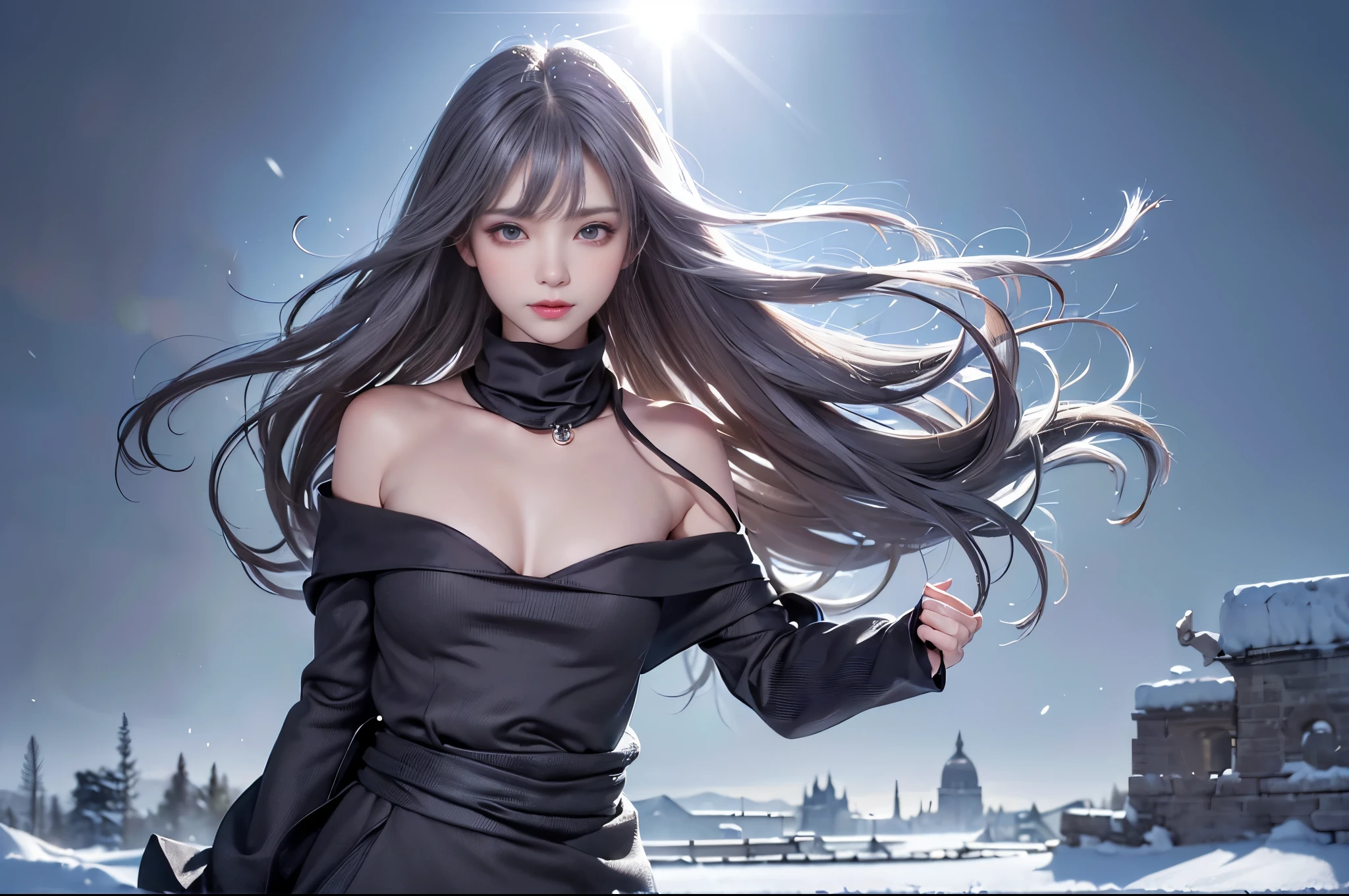 (From the waist up:1.5)((masterpiece:1.5、8k、Portraiture、フォトリアリスティックでVery detailedなCG、Very detailed、Particle Effects、Dynamic Effects、Written boundary depth、Cinematic Light、Lens flare、Ray Tracing、Tabletop、Realistic:1.4、超A high resolution:、Realistic、Realistic))((alone、Turtleneck dress,No sleeve、Woman in a black fur coat:1.6、Exposed lateral breasts、Detailed face、bright表情、young, bright, Whiter skin、Small breasts:1.4、Best Looks、Ultimate beauty、Grey hair with shiny highlights:1.8、bright and shiny hair,、Arranged Hair、Hair dancing in the wind))(morning、In the background is a snowy hill overlooking the ruins...)