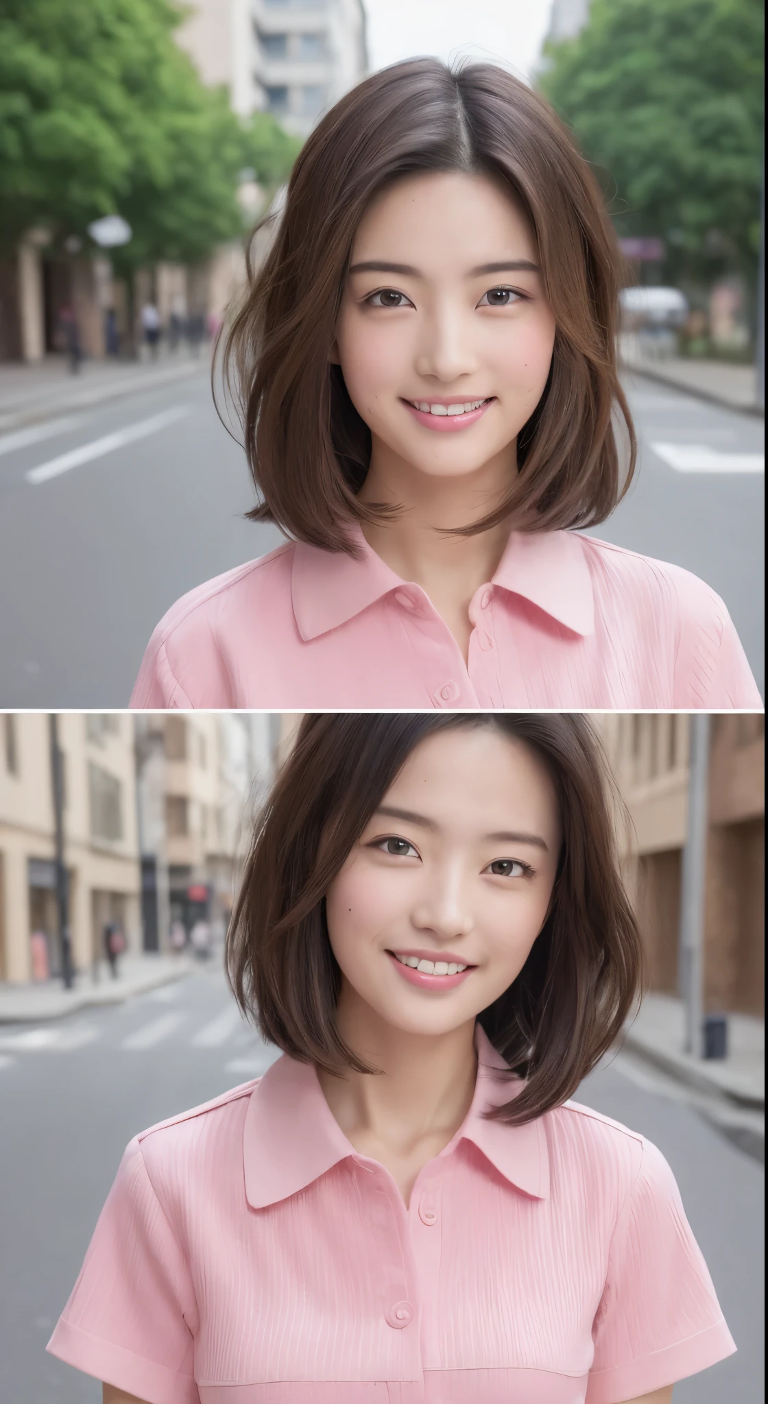 ((Best Quality, 8K, masutepiece :1.3)), Sharp Focus :1.2, Perfect Body Beauty:1.4, Slim abs:1.2, ((Layered hairstyle:1.2)), (PINK SHIRT:1.1), (Street:1.2), Highly detailed face and skin texture, Detailed eyes, Double eyelids, Smile,pupils、Uniforms、schools