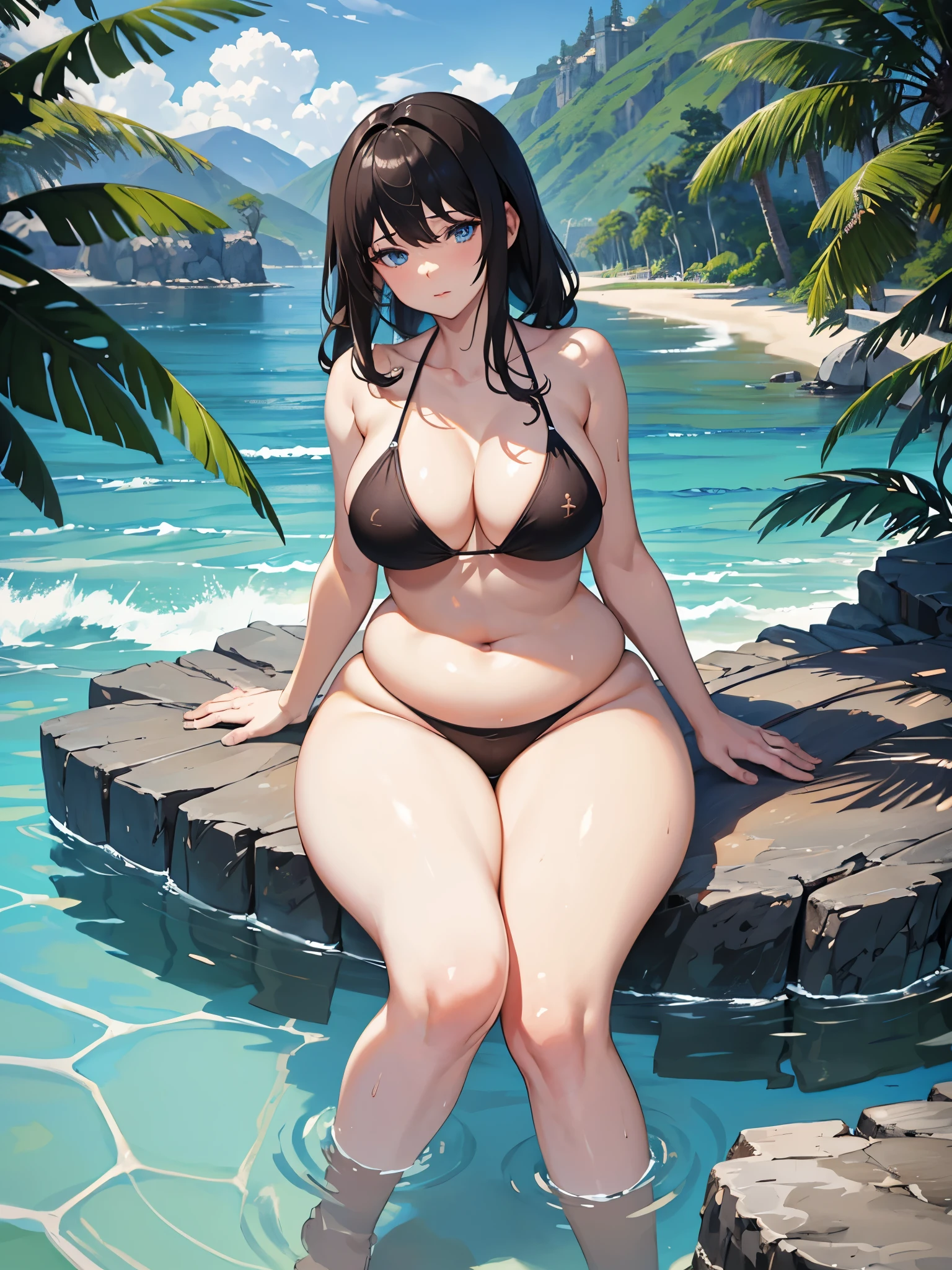 (score_9,score_8_up,score_7_up,score_6_up,score_5_up,score_4_up),1girl,goth, pale skin, hair bangs covering her eyes, no eyes showing, black lipstick, short bob hairstyle, wearing black bikini, at the beach, barefoot, large breasts, thick thick thighs, wide hips, nail polish, small feet, footjob, man lying down