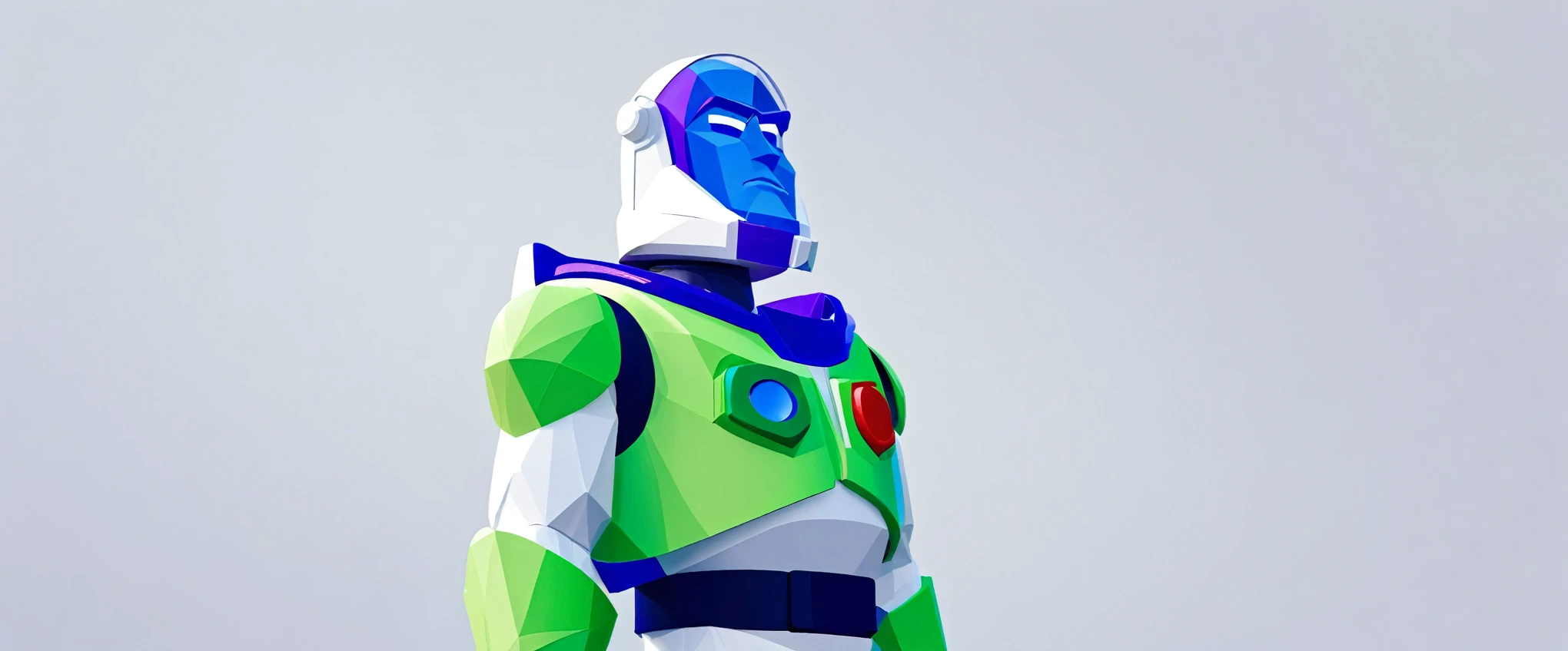 a minimalist toy soldier, buzz lightyear, solo portrait, space ranger uniform, simple background, low poly, 3d render, clean design, geometric shapes, minimalist colors, blue and white, smooth shading, ambient lighting
