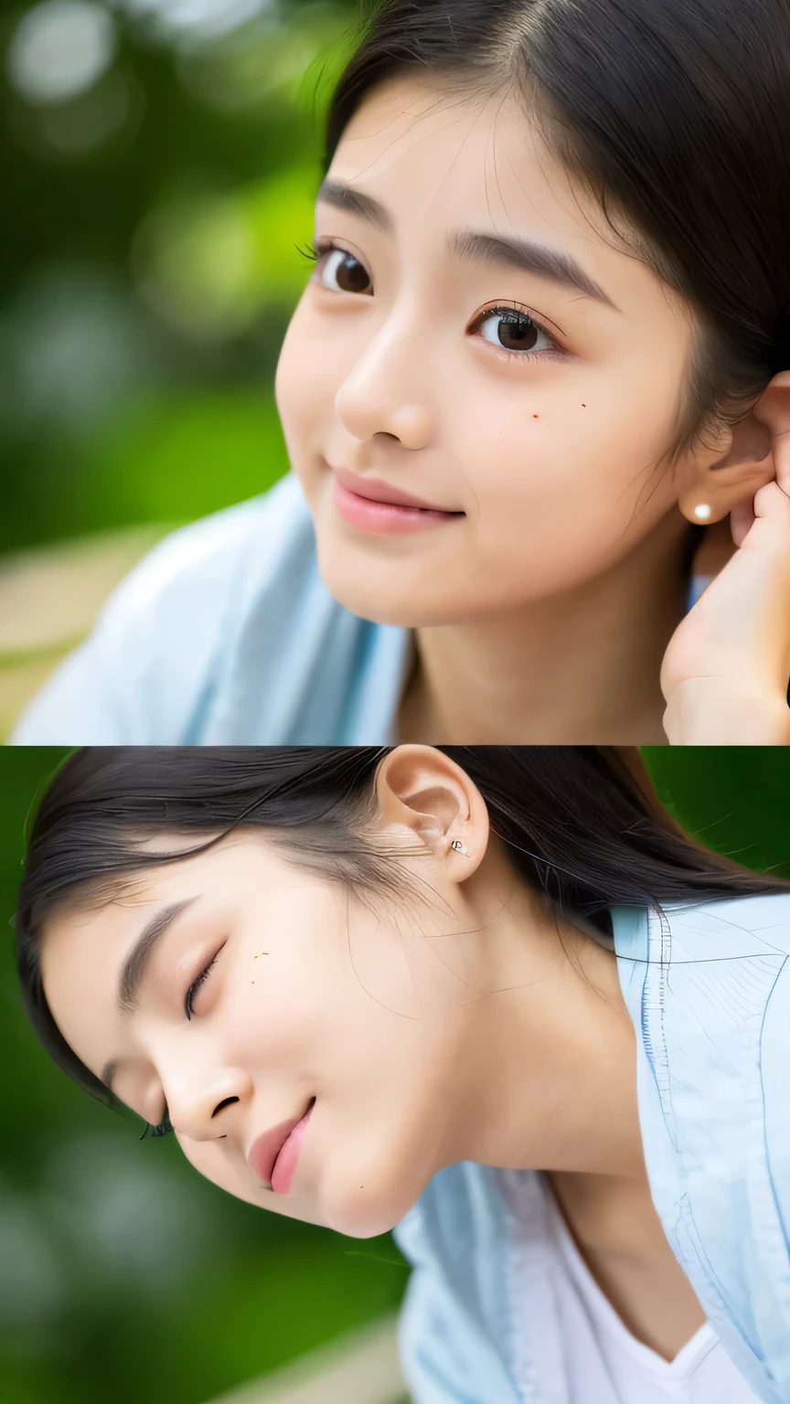 masterpiece　High resolution　Female student　Delicate face　Thick eyebrows　Deep-set eyelids　very cute　natural atmosphere　boyish　16 years old　Shortcuts　Dimples　Mole　Tanuki face　Tank top　Put your ear to the ground and listen　