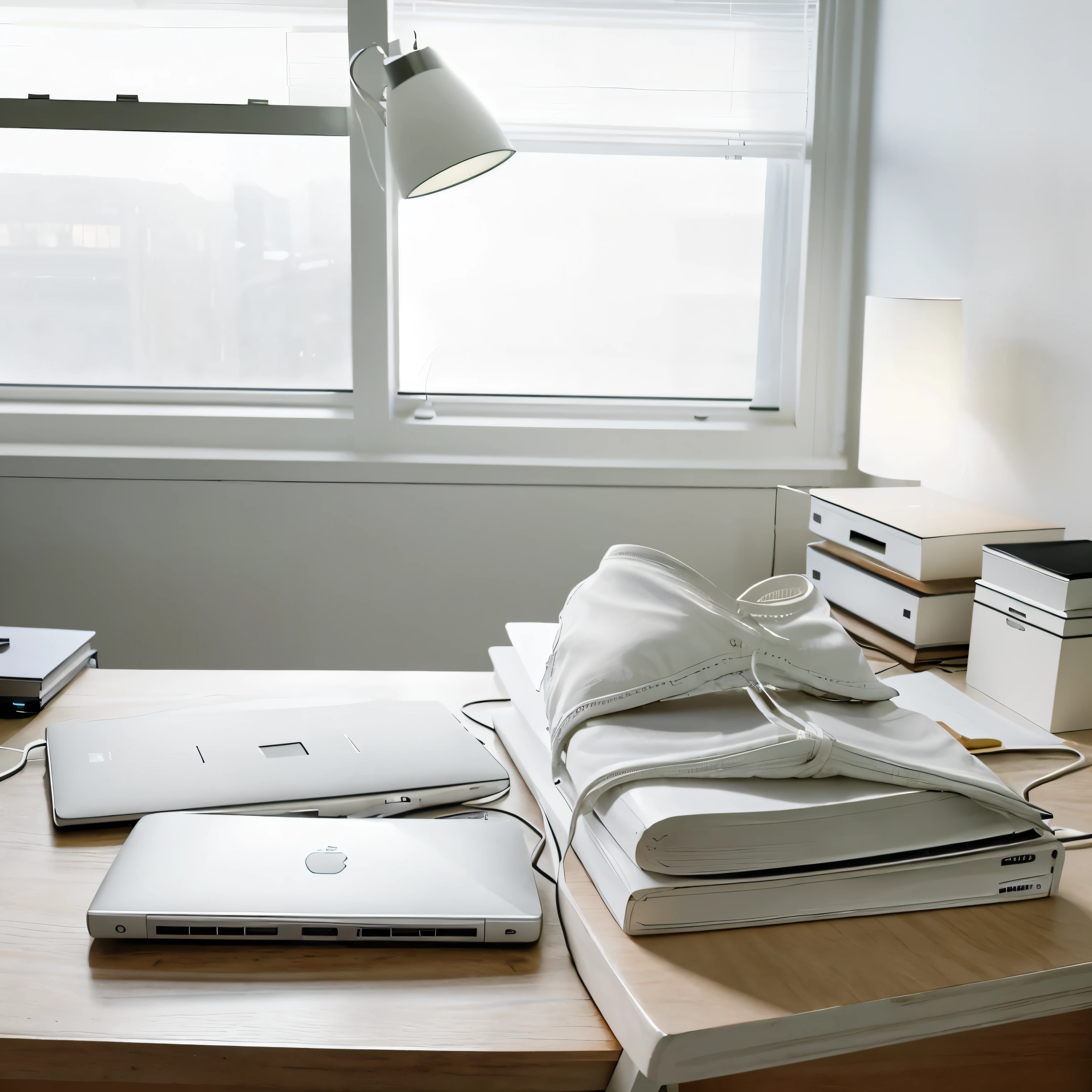 Image of two white bikini panties tied together on a professional office desk. The dark wooden desk has a modern table lamp, messy papers and an open laptop. The office is illuminated by natural light coming through a window. No debe haber ninguna persona en la escena.