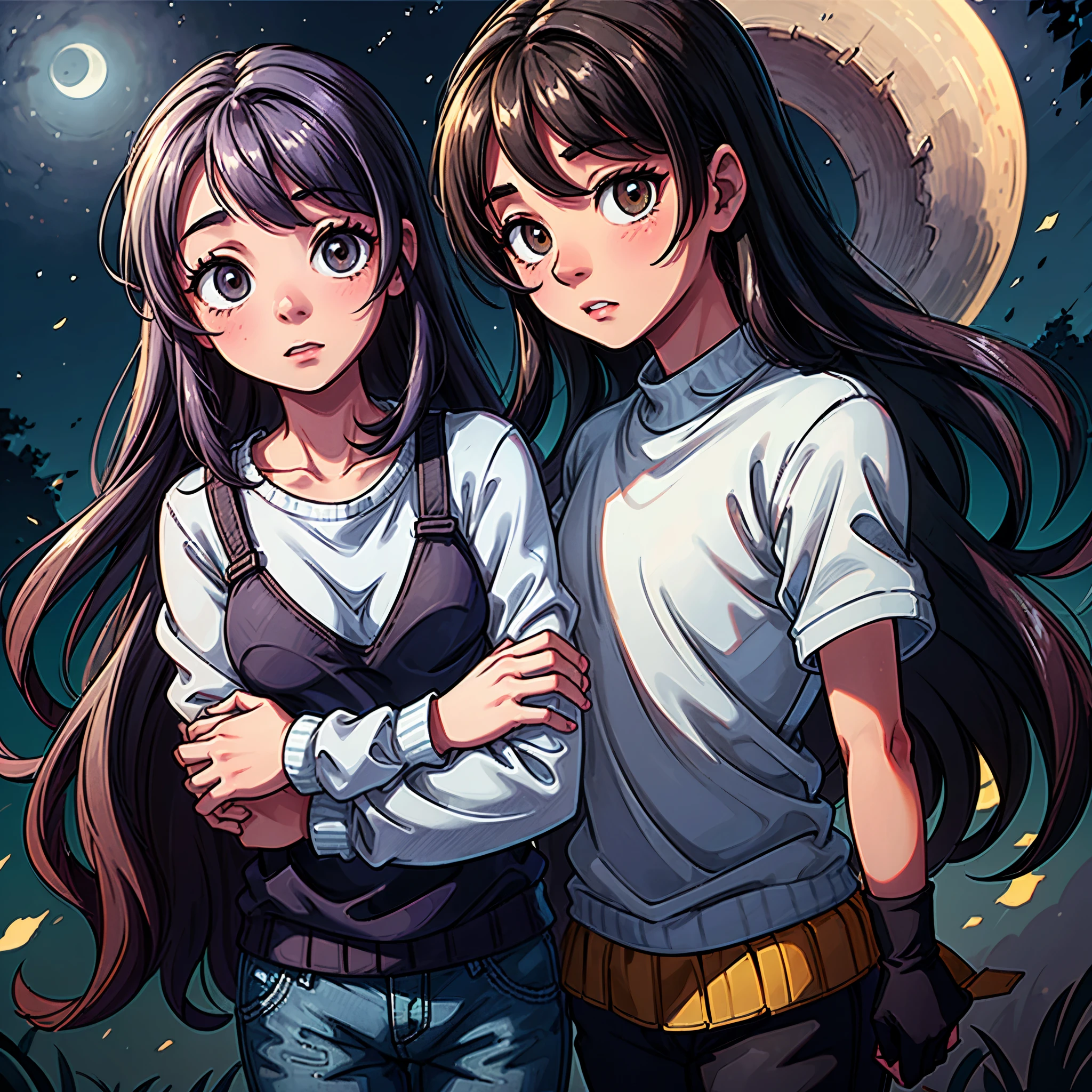 The young couple is standing in front of a night landscape, con el cielo salpicado de estrellas. El muchacho, de piel morena, He has a serene expression as he hugs the girl tenderly.. Ella, con una mirada enamorada, recuesta su cabeza en el hombro del chico, mientras sus manos se entrelazan. La luz de la luna ilumina ligeramente sus rostros, creating a romantic and calm atmosphere