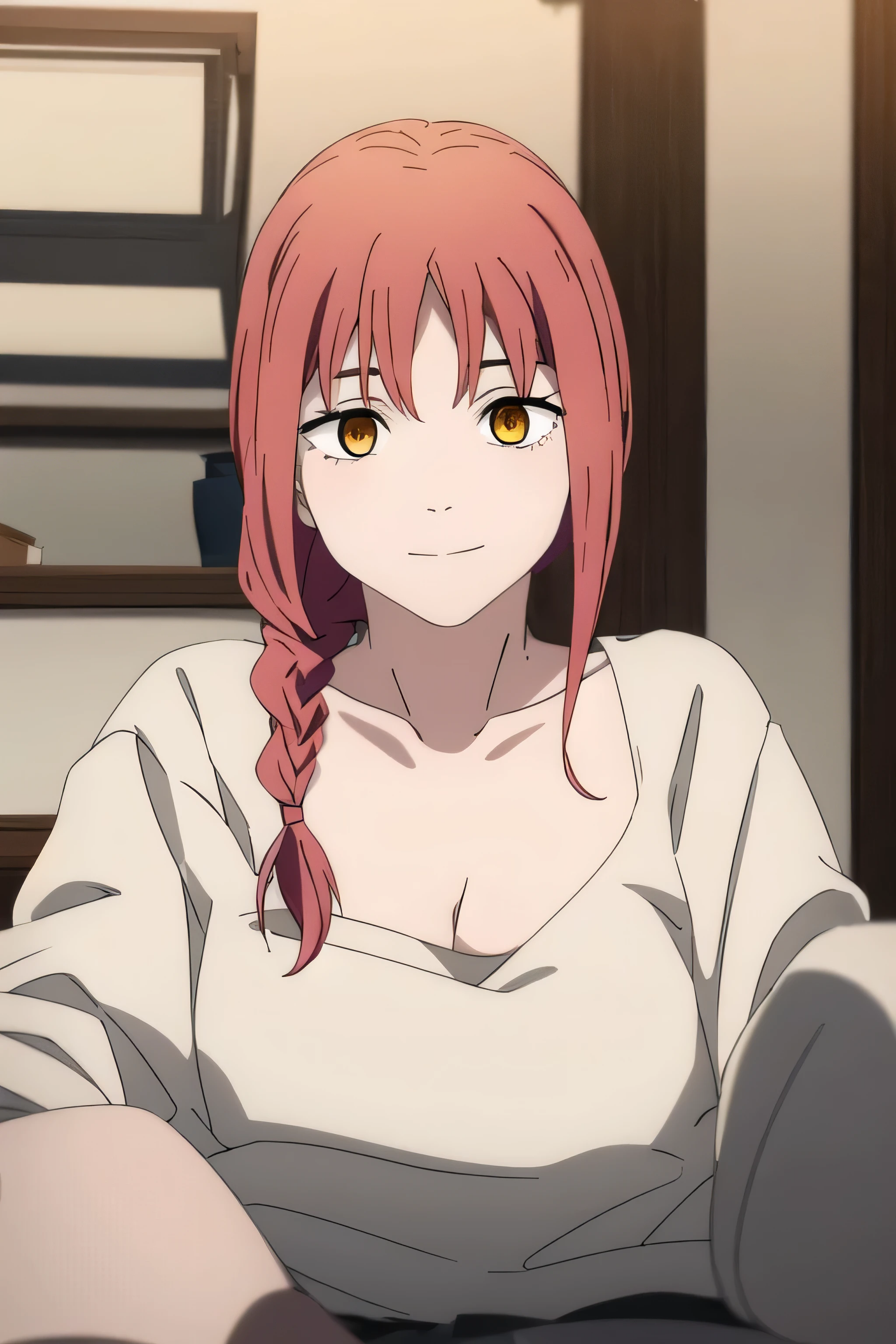 (extremely detailed CG unity 8k wallpaper), (masterpiece), (best quality), (ultra-detailed), (best illustration), (best shadow), (absurdres), 1girl, solo, perfect face, perfect eyes, medium breasts, cleavage, shining , looking into camera, makima, long hair, smile, bangs, (yellow eyes:1.2), braid, red hair, braided ponytail,