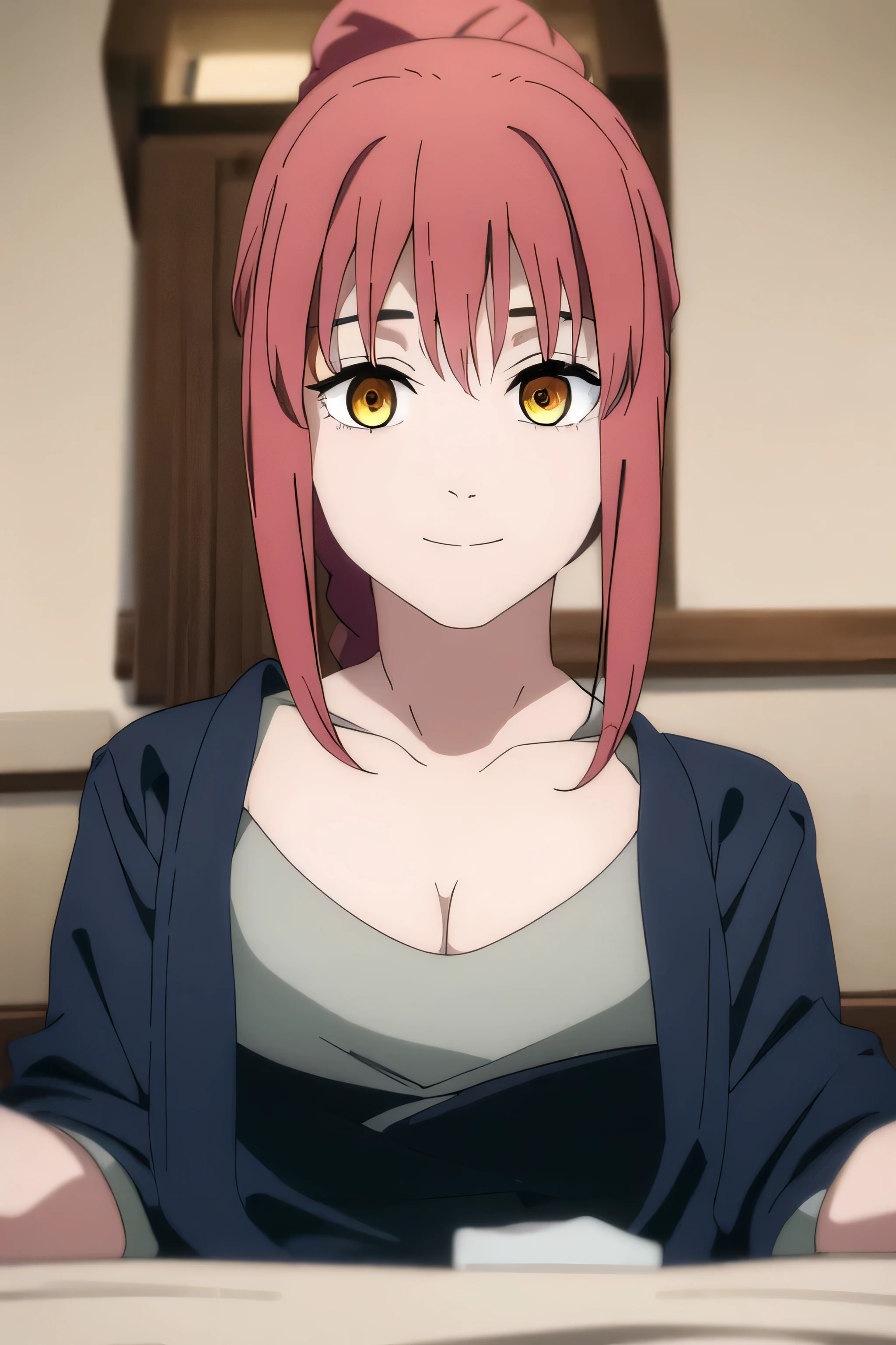 (extremely detailed CG unity 8k wallpaper), (masterpiece), (best quality), (ultra-detailed), (best illustration), (best shadow), (absurdres), 1girl, solo, perfect face, perfect eyes, medium breasts, cleavage, shining , looking into camera, makima, long hair, smile, bangs, (yellow eyes:1.2), braid, red hair, braided ponytail, 