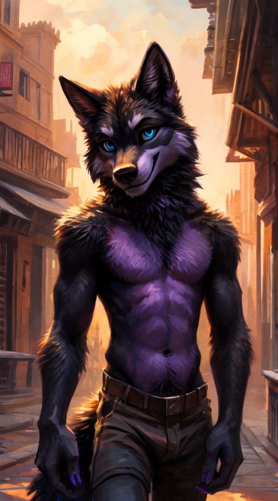 Sunlight, masterpiece, high quality, Solitary, agerfurry, hairy, teen, black Wolf, Black tail hairstyle,Purple eyebrows,Blue eyes,Purple iriasterpiece, Have muscles, Detailed hands, Black back,Purple belly,Black Arm,Purple jaw,purple neck,teal blue nails,Delicate face, Delicate eyes, detailed body, Flat body, Skinny,Evil smile emoticon, paw, high resolution, No shirt, No underwear, hometown background,daytime, big eyes, Oblique body, Kenket's Art
