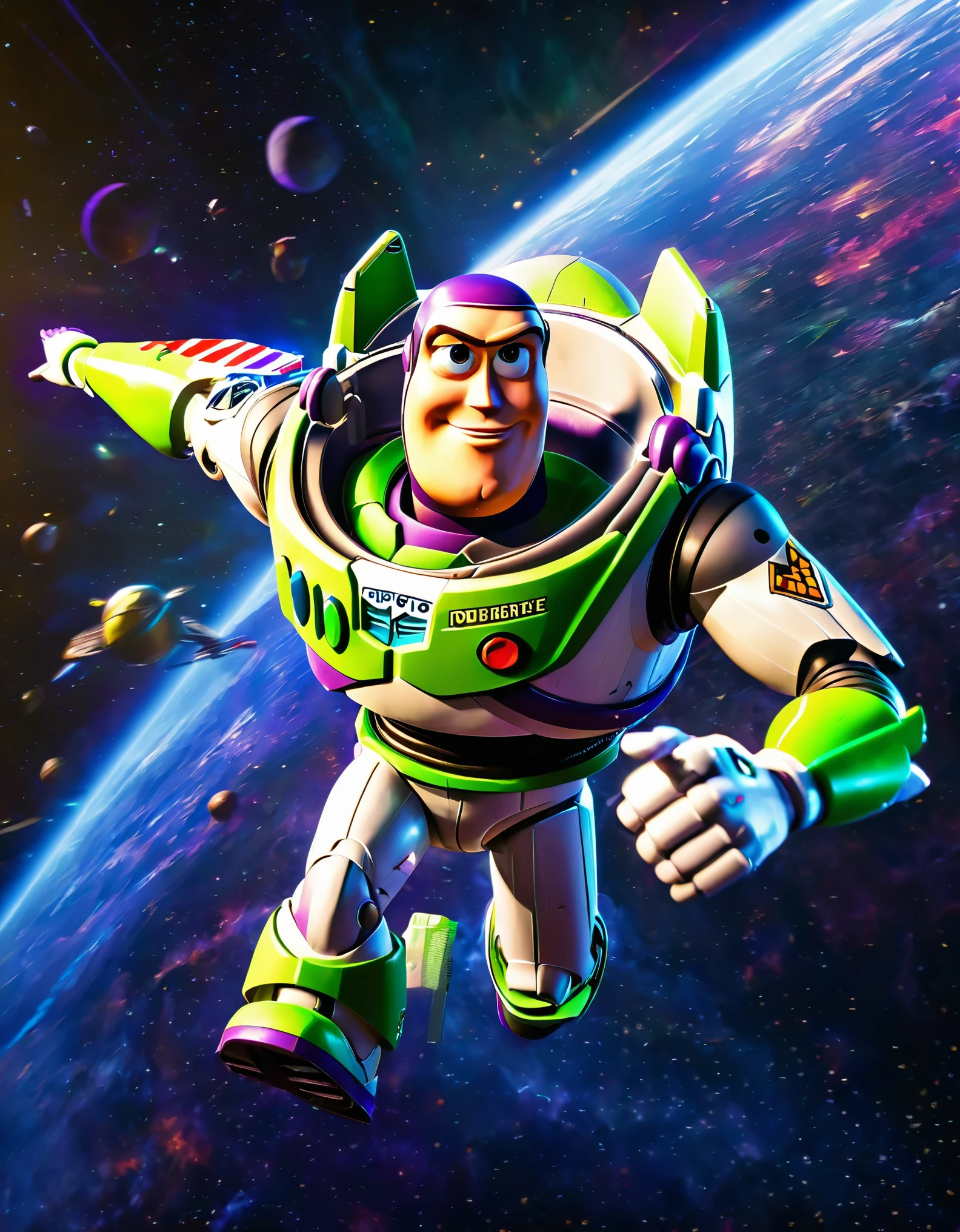 A detailed, highly realistic CG render of Buzz Lightyear flying through space, hyperrealistic, cinematic lighting, ultra-detailed textures, 8K resolution, photorealistic, epic space battle scene, dramatic composition, stunning volumetric lighting, vibrant colors, cinematic camera angles, sci-fi elements, futuristic technology, dramatic lighting, intricate mechanical details, sense of speed and motion, heroic pose, dramatic shadows and highlights