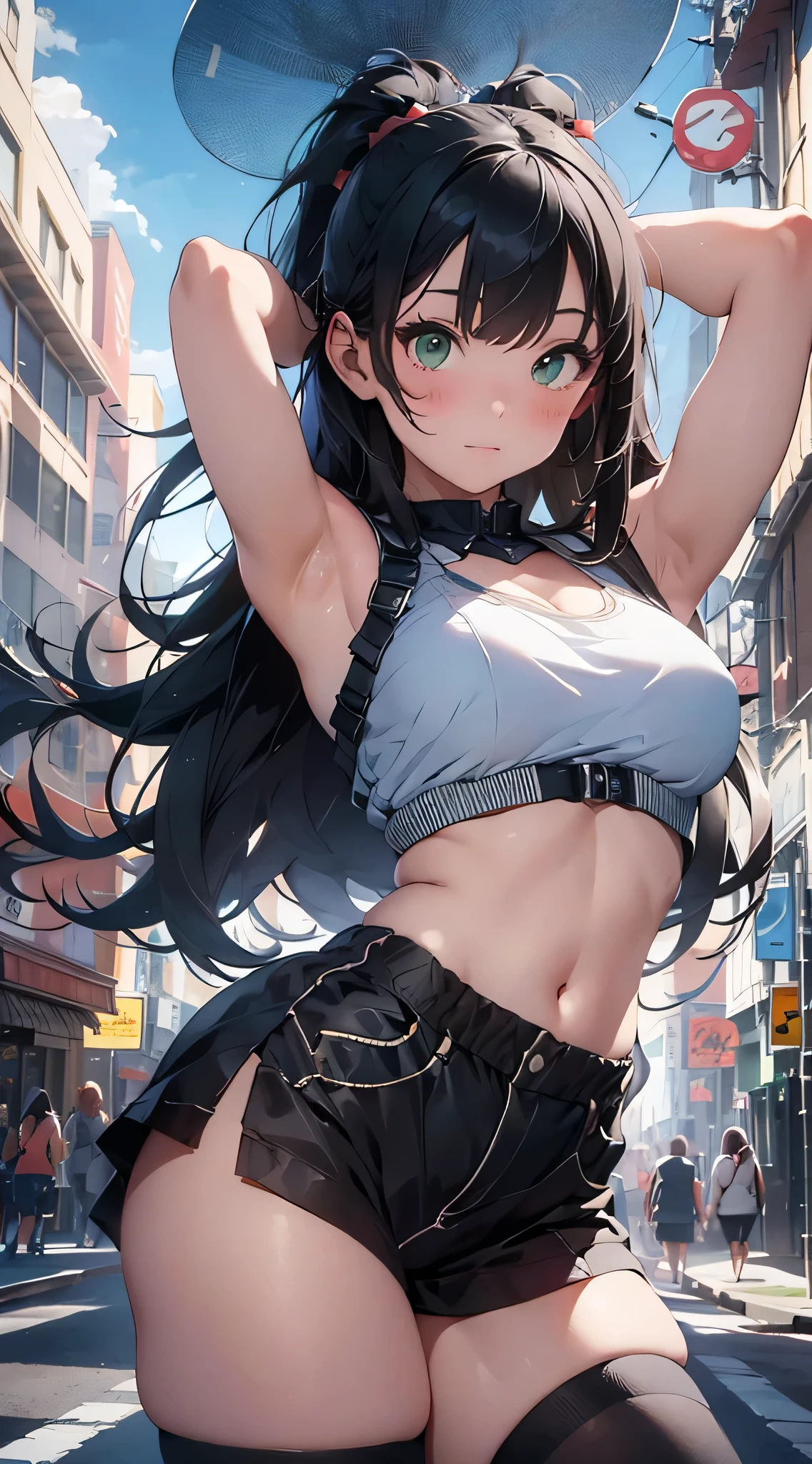 ((masutepiece, Best Quality)), ((hight resolution)), (photos realistic), Best Shadow, high detailing, Very detailed, (nice hand, Perfect hands), (Face Focus:1.2), ((1girl)), Beautiful Girl, 25 years old, blue eyes, (black long Hair:1.5), (normal breasts:1.3), (Smile:1.3), Glossy white skin, (view from front:1.3), (Very slender:1.3), (Cute face:1.3), (look at viewer:1.4), detailed facial features,droopy eyes, Crisp focus, perfect beautiful body and face, Perfectly focused, (standing:1.4), Long bangs, (in the prison:1.4), ((police costume:1.4)), ((black mini skirt:1.3) (skirt lift:1.3), (smile), ((g-string:1.3)), nsfw, creavage