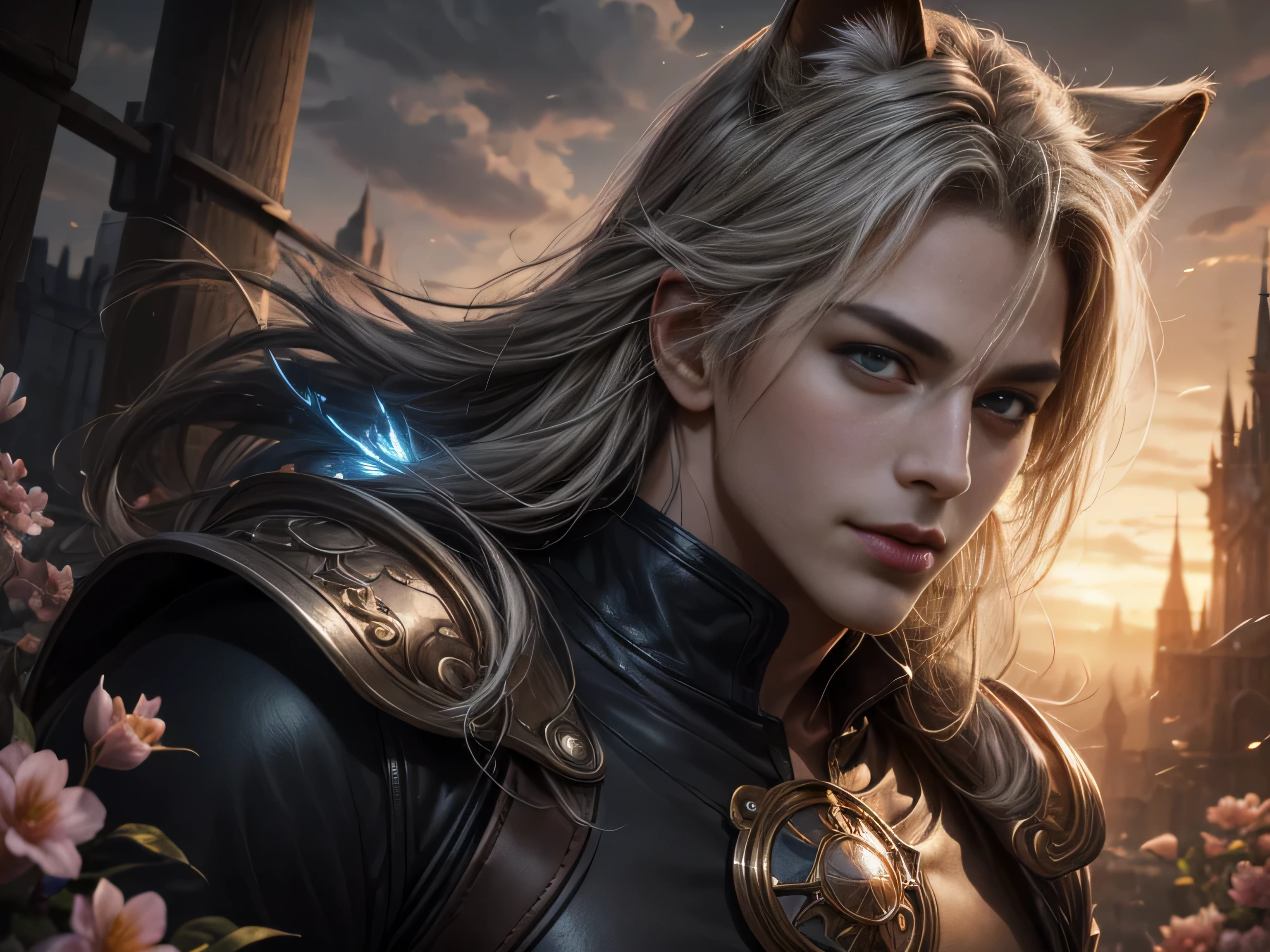 (Best Quality, 8K, Masterpiece, HDR, Soft Lighting, Picture Perfect, Realistic, Vivid), There is a garden with blue and pink flowers, a handsome man with cat ears is lying on the grass, he has beautiful gray eyes and a kind smile, dark hair, he has a naked torso with a perfect body and black leather pants with combat boots, he strokes little cute foxes lying on his chest, male, cute man, blue eyes, cat ears, neko, pumped up body, smile, (ultra high quality fantasy art, majestic fantasy style, masterpiece, ultra high quality male character design, 8k quality anime art, realistic anime art, highest quality wallpaper illustration, detailed ultra high quality accurate male character face, high quality design and accurate physics, male character) (ultra high quality fantasy art, dark fantasy style, masterpiece, ultra high quality character design, 8k quality anime art, realistic anime art, highest quality wallpaper illustration, detailed ultra high quality face precision, high quality design and accurate physics), color difference, depth of field, dramatic shadows, tracing rays, Best quality, Highly detailed computer graphics, 8K wallpapers, [Carefully rendered hair [More about beautiful and shiny hair]] ,(Perfect hand detail [Beautiful fingers without breakage [Beautiful nails]],(Perfect anatomy (Perfect proportions)) [ [Resembles the whole body]],[Perfect color combination (Accurate simulation of the interaction of light and material)], [Visual art that conveys the meaning of the story]