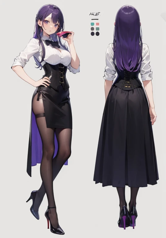 Purple hair,voluminous long hair,Adult female,bartender,(black vest),((Roll up your sleeves)),(Corset),(skirt),(high heels),The heel is visible,((Simple background)),Smile,((Full body)),((whole body)),Character Sheet,