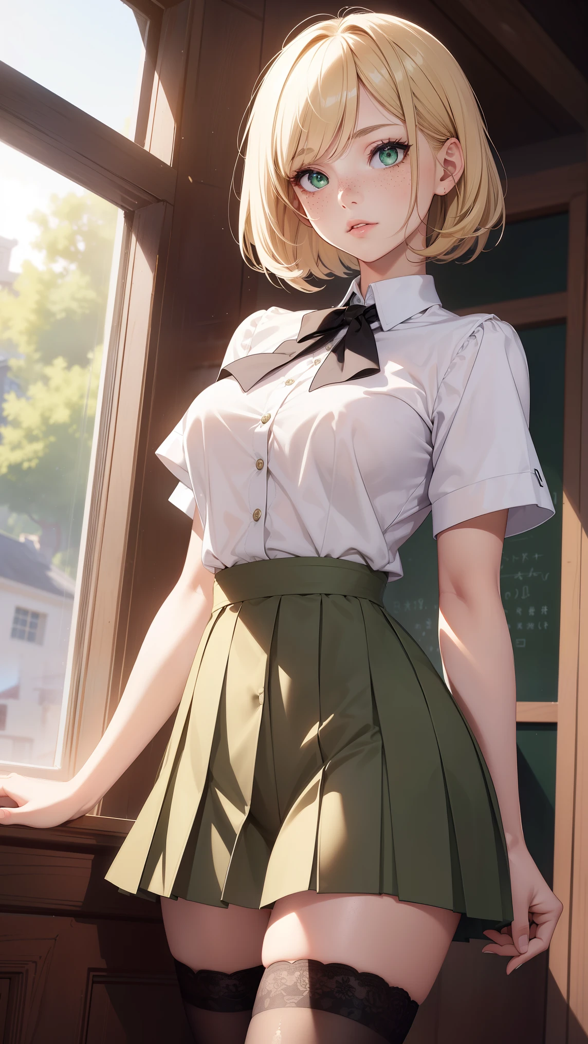 1girl, natural lighting, masterpiece, highly detailed, illustration, game CG, absurdres, high quality, beautiful detailed eyes, glossy lips, natural lighting, small breasts, short blonde hair, bangs, green eyes, freckles, white shirt, standing, school, pleated black miniskirt, white thigh highs