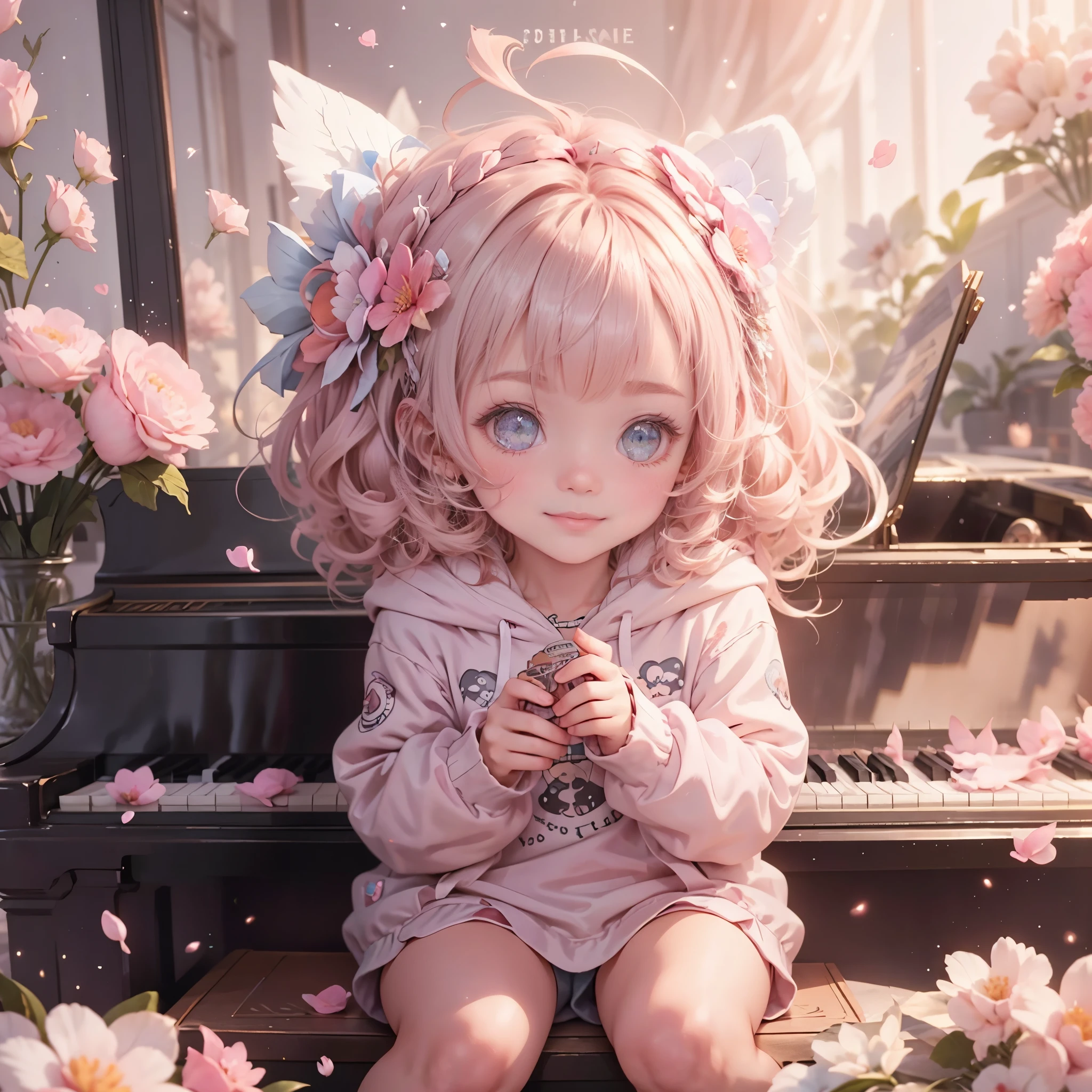 Cute 3D,Baby pink hair,Cute eyes,Adorable smile,Esbian all over、Pure、Lolita hoodie fashion,Pure,Grand piano,Rosy Cheeks,de luz,satin,Flowers sparkle,blue sky,Campanella,Fantasy World,Pastel Style,Soft Blending,Depth of written boundary_shallow