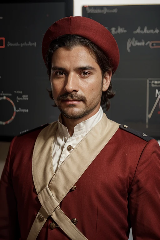 Wall-sized computer screen with graphs, diagrams, tables. In front of the screen is a Spanish caballero, 35 years old., without mustache and beard. Dressed in 18th century clothing, in red tones, no headdress. Uniform lighting. Caballero faces the viewer and looks into the camera.