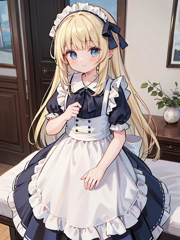 (8k, highest quality, Tabletop:1.2)、Impressionism、By Van Gogh:1.3、Official Art、Ultra-high resolution, 14-year-old girl, Perfect Fingers, Detailed face, blue eyes, blonde, Straight hair, Long Hair, Black maid outfit,  In the city, Bedroom、Making the bed