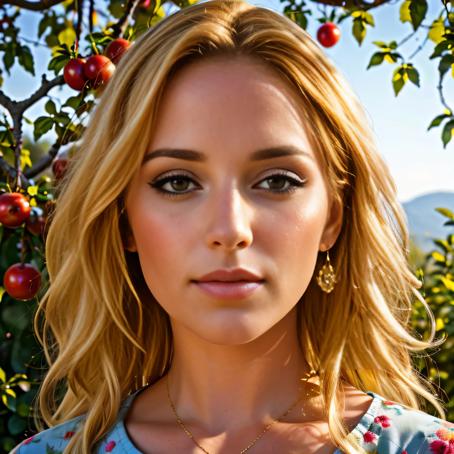 beautiful detailed eyes, beautiful detailed lips, extremely detailed eyes and face, long eyelashes, 1girl, blonde hair, golden hair, shaking fruit trees in garden, ripe fruits, sunny, photorealistic, 8k, hyperdetailed, masterpiece, (best quality,4k,8k,highres,masterpiece:1.2),ultra-detailed,(realistic,photorealistic,photo-realistic:1.37),vibrant colors,natural lighting,illustration,digital painting