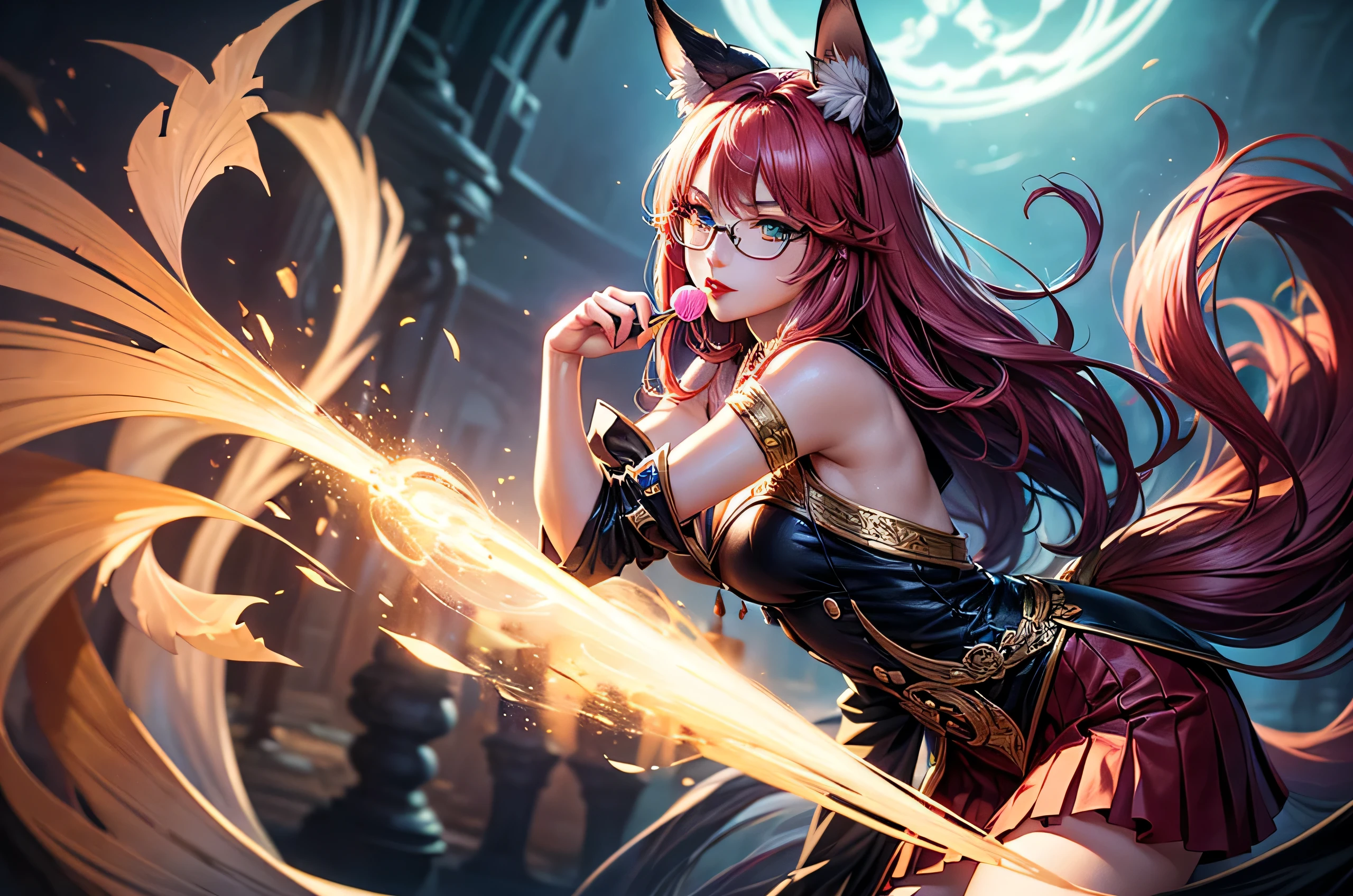 On the luxsurious sove in seductive pose laying a female kitsune, she have red long hair with pink highlights, charming green eyes. tasty red lips, she dreessed in unbutten blouse, black short skirt high soking and snickers, also she wear glasses, she holding lollypop, she have four gorgeous magic fox tails, (ultra high quality fantasy art, magical fantasy style, masterpiece, ultra high quality character design, 8k quality anime art, realistic anime art, top quality wallpaper illustration, detailed ultra high quality accurate face, high quality design and accurate physic)