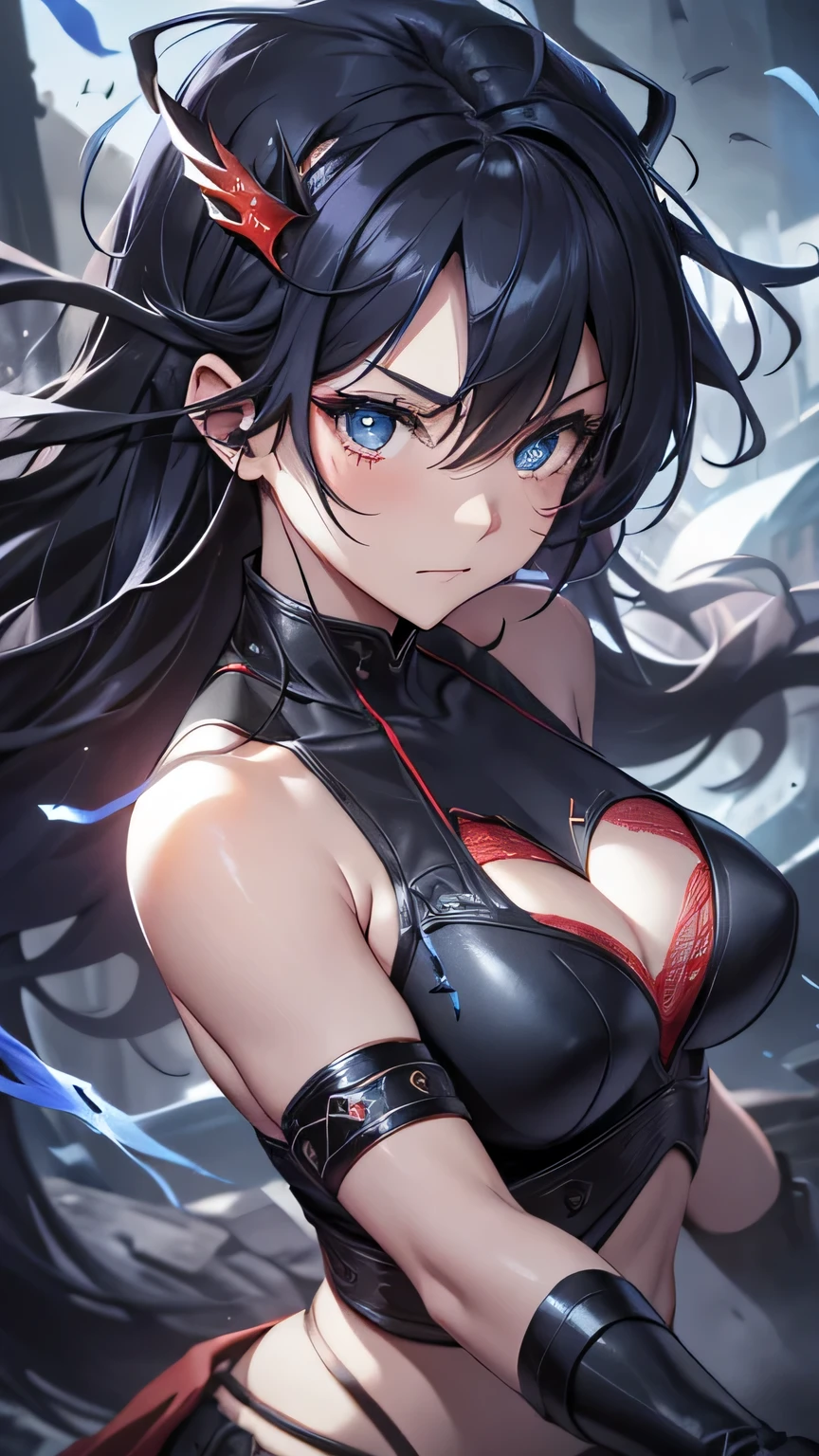 Highest quality、Highest quality、Masterpiece、girl((Age 25、as soon as、Highest Bust、Medium Bust、Wide open chest、Red glowing eyes、Black Ear、Red Mesh、Disheveled Hair、Loincloth、thin、The best valley、Open chest、Luminous Wristbands、hair ornaments、Full body view、Tank top、Black ninja costume、scar、Full body scar、Fighting Pose,Japanese sword、A little muscular、Blue aura、Watery eye、Tears))、high quality、Beautiful Art、background((night、Ninja World))、flight、Flying Debris、Depth of text、movie、Visual Arts、Perfect Art、8K、Genuine、
