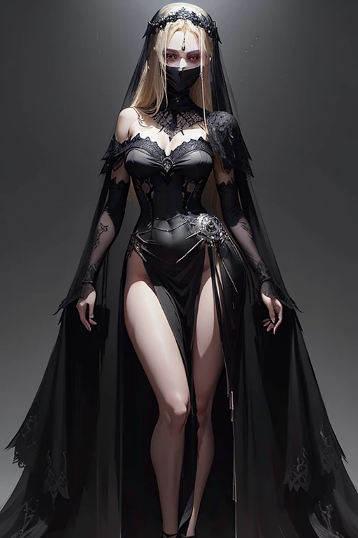 A blonde woman, with an death face, goddess-like figure dressed in a black dress with a veil, resembling death, small shoulders, slim waist, wide hips, thick legs, detailed clothing, detailed body, detailed face