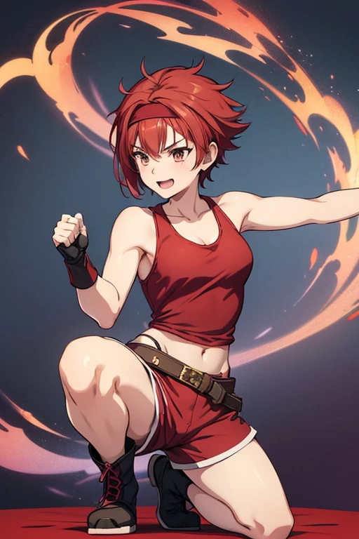 character called Haruka, she is redheaded, has a muscular body, anime style, wearing a Japanese outfit with black socks