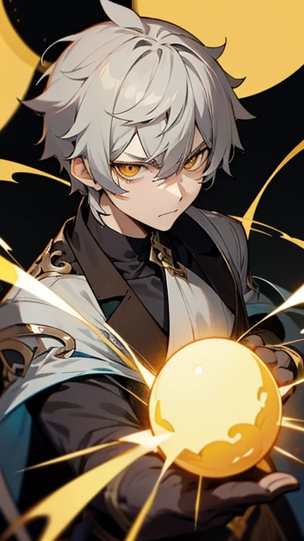 Aether from Genshin Impact. Gray hair.  Short hair. Golden Eyes. Sharp pupils. 1man. Serious expression.