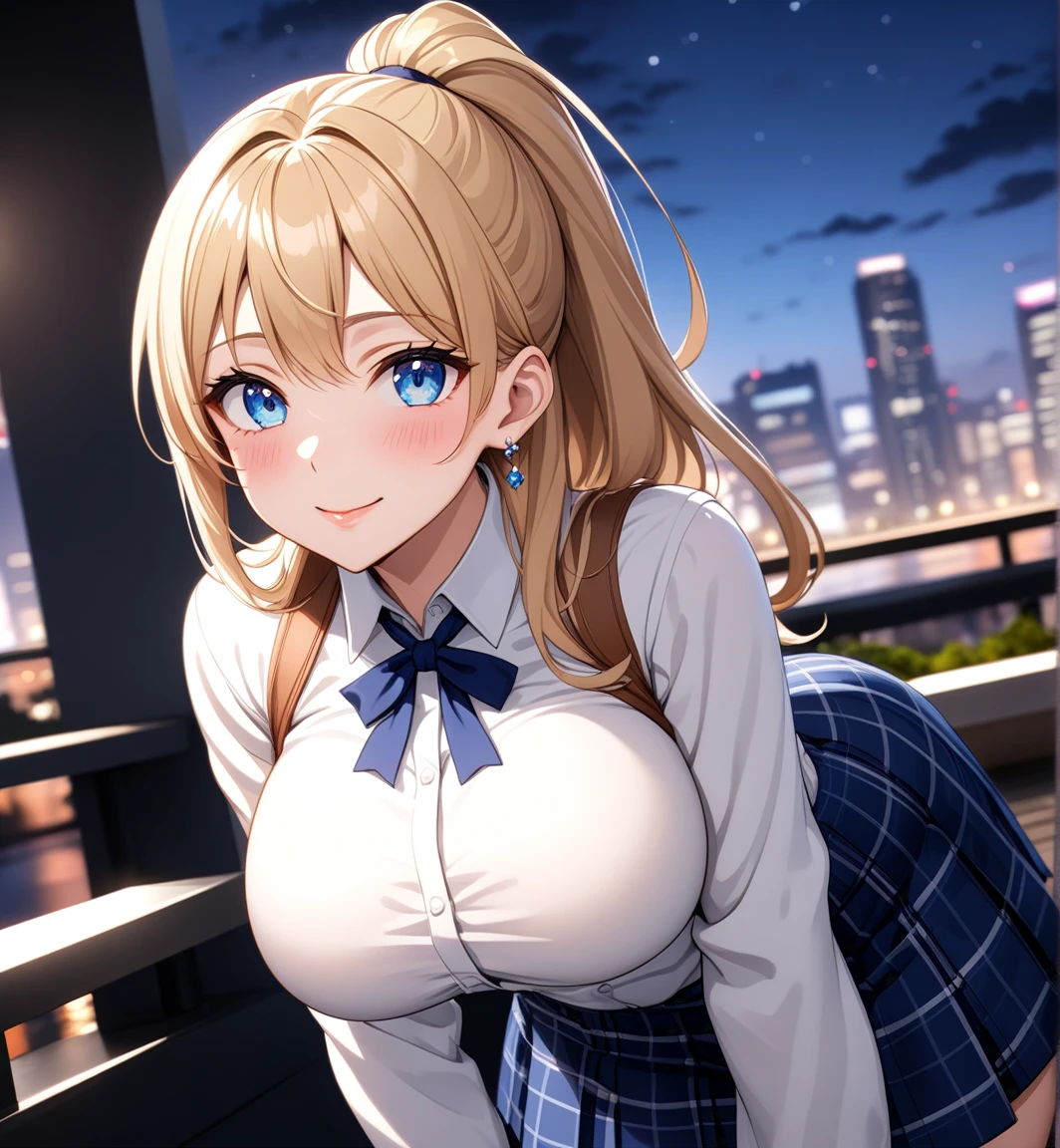 ((One girl)), Beautiful smile,Blushing,Close your mouth,Glossy Lips,Abstract, Yokohama night view park, ((Anime style background)),masterpiece, highest quality, so beautiful, Absurd, up to date, Complex details, Pink long nails,AI-generated, Complex,High resolution, highest quality, super high quality,3D Images、View the viewers、3D Images,one person,Long Blonde Hair,High Ponytail,blue eyes,Anime girl posing for photo, [[Fine grain、Colorful eyes、Shining Eyes:1.15]],(Squint your eyes:1.1),a hyperRealistic , hyperRealistic , Realistic , blonde anime girl with long hair, Smooth anime CG art, Beautiful anime school girl,White long sleeve blouse,Blue checked skirt,Big blue chest ribbon, Earrings,(Large Breasts:1.3),Mature Body,tall,Fine details,Abdominal muscles,(Leaning forward),Tilt your face,