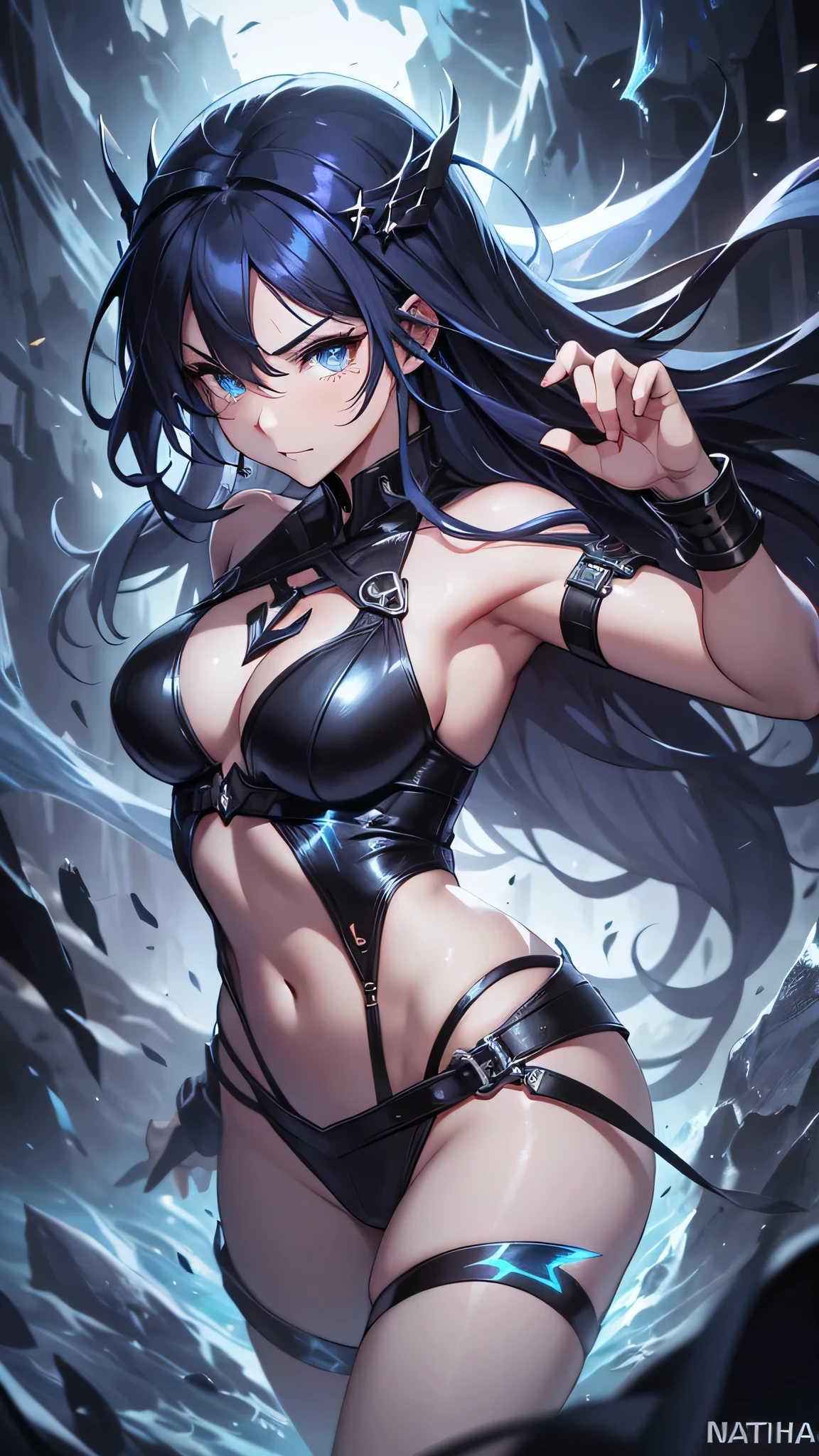 Highest quality、Highest quality、Masterpiece、girl((Age 25、as soon as、Highest Bust、Medium Bust、Wide open chest、Red glowing eyes、Black Ear、Red Mesh、Disheveled Hair、Loincloth、thin、The best valley、Open chest、Luminous Wristbands、hair ornaments、Full body view、Tank top、Black ninja costume、scar、Full body scar、Fighting Pose,Japanese sword、A little muscular、Blue aura、Watery eye、Tears))、high quality、Beautiful Art、background((night、Ninja World))、flight、Flying Debris、Depth of text、movie、Visual Arts、Perfect Art、8K、Genuine、