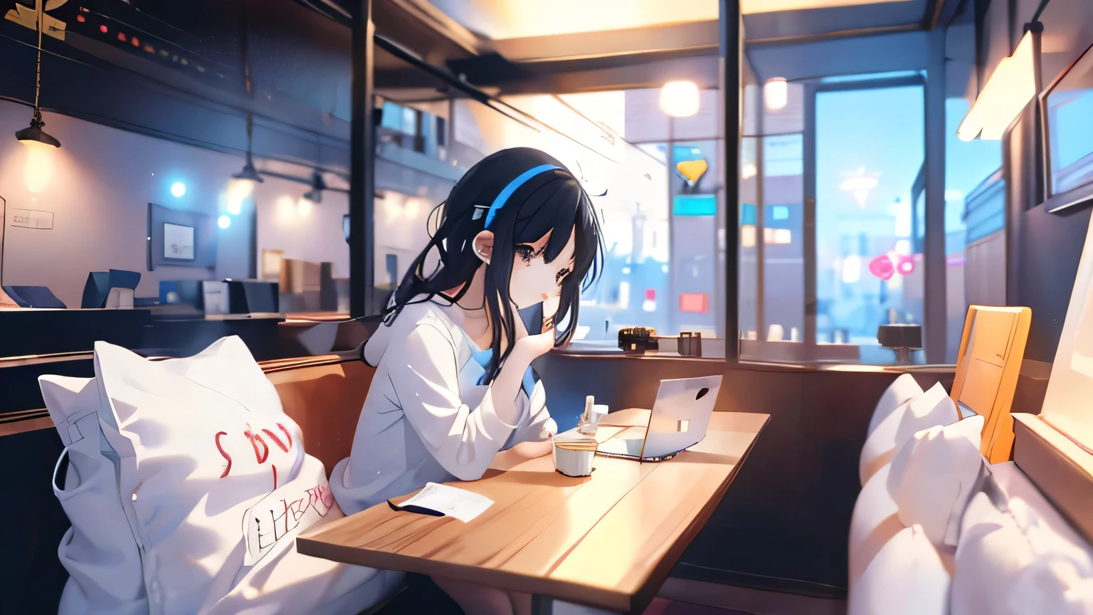 Lo-fi music vibes、Please draw me a cute anime style illustration。
Please draw an illustration of a cute girl wearing earphones..。
8 p.m.。Outside the window is a city background。Head to waist。sitting on a chair in a cafe。An open laptop on a cafe table。Working on a laptop with earphones。Eyes on the monitor。Black hair color。Please draw an illustration of a cute girl with earphones in her ears.。Use pastel and soft colors、Expressing a gentle atmosphere。The light shines。
As an accent color、Use vibrant colors。
Keep the color wheel in mind、Maintain a consistent color scheme。