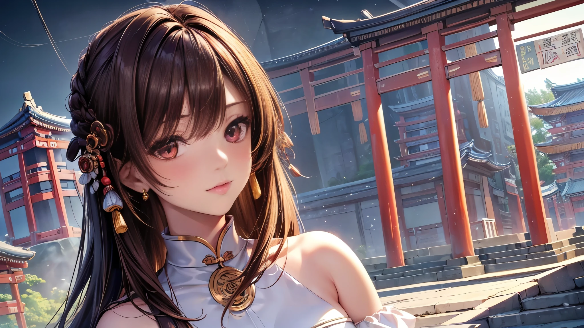 (best quality: 1.3, masterpiece: 1.3), Ultra high quality, (1 Girl, Solitary), Atmospheric perspective, Delicate face, Upper Body, cosmetic, Pink lips, Cleft lip, shiny skin, (brown hair), Extra-long hair, Looking at the audience, Red Eyes, earrings, Small Breasts, slim, (white silk), (((((East Asian Architecture, riverside, Beautiful background))), Perfect lighting, (Front lighting), Physically Based Rendering,