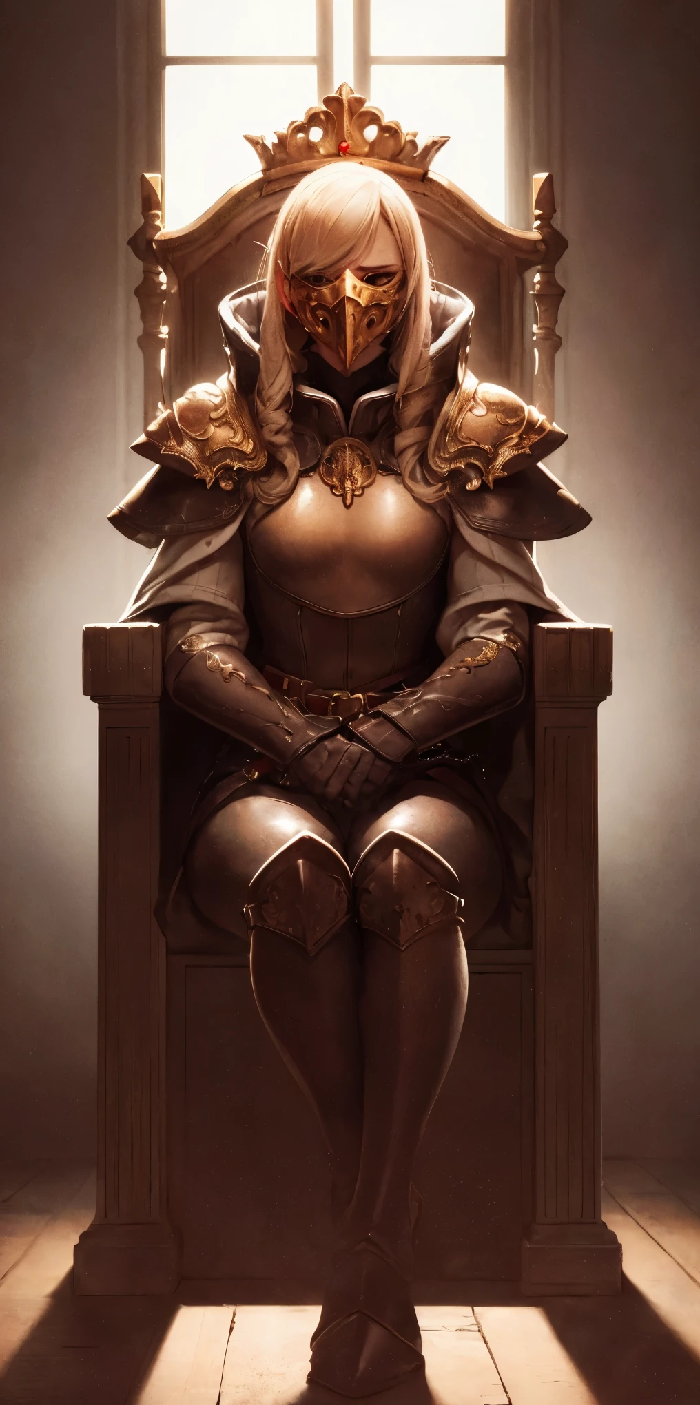 (masterpiece, best quality, absurdness, 4k, aesthetic, detailed, intricate, perfect lighting) cinematic angle, 1sologirl, sitting on throne, elbow rest, castle interior, mask, hood, cape, belt, armor, cloak, red gloves gauntlets, bkcrown