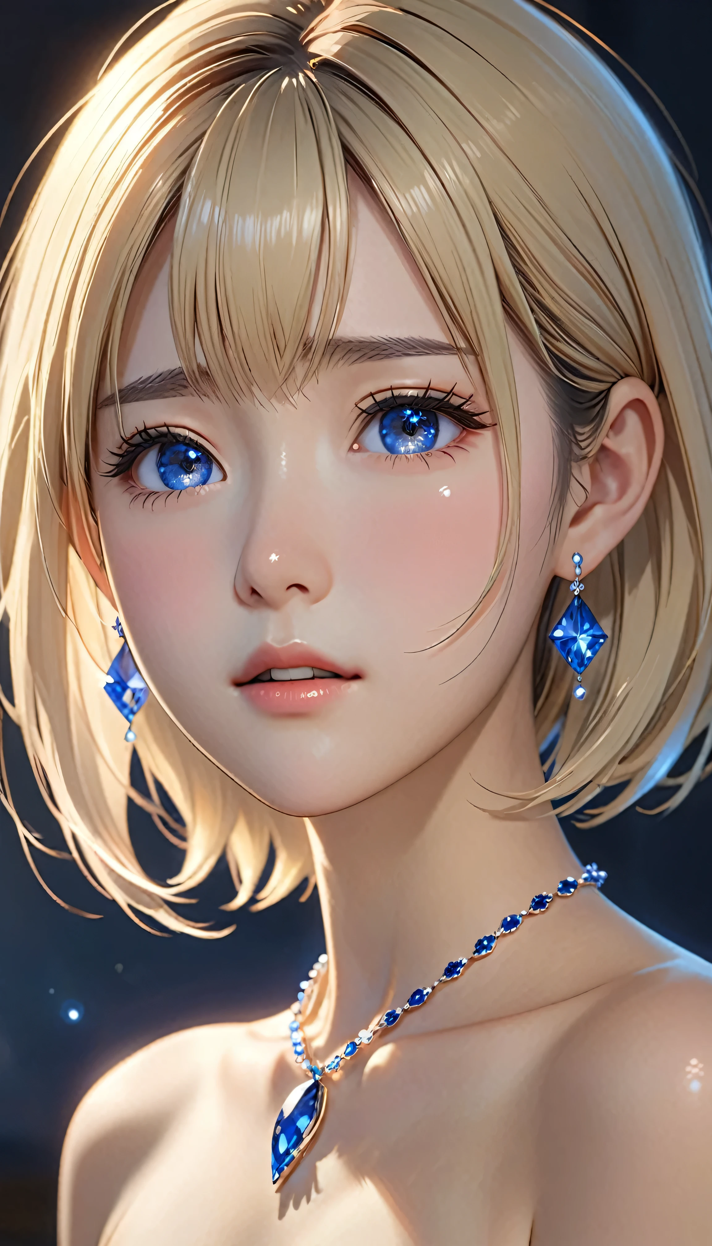 National Science Foundation,masterpiece,High resolution,8K,Art,digit,Three-dimensional,Realism,Kyoto Animation Style,Your name style,looking into camera,Soft Light,Glowing skin,(Medium breasts:1.2),(1 female: 1.3),(alone: 1.4),(((blonde))),(Naked upper body),(Sapphire hairpin),(Small,sapphire necklace),(Small,sapphire earrings),Long eyelashes,Slender legs,Short Bob,Close-up of upper body,Close-up,(Eyes that sparkle like sapphires),(open mouth),(blush),(shy),(lovely and delicate),(Pitiful),(cry),(pain),(shed tears),(((sadness)))