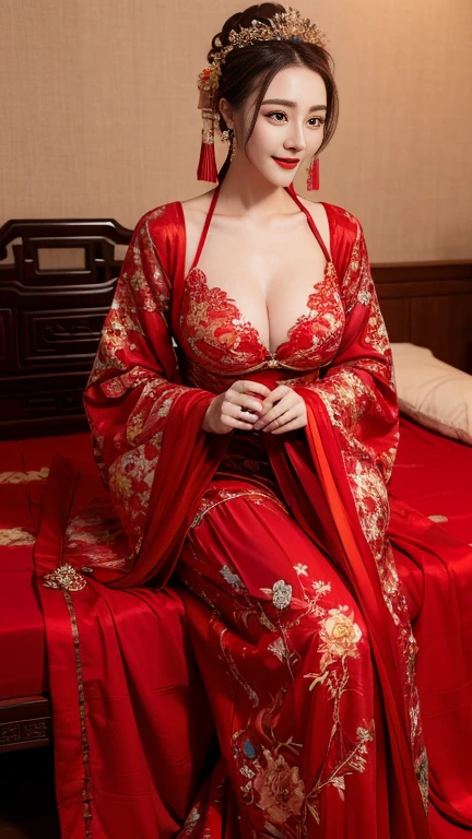 (Hyper-realistic 8K CG: 1.2), Perfect work of art, Exquisite patterns, Intricate details, (An unrivalled masterpiece, best quality: 1.2), (Extremely complex: 1.2), woman in red and gold dress, ((dark brown hair, Big tits:1.2 )), (Low-cut，Deep V),Phoenix Coronet, hair stick, (Red bed: 1.3), cosmetic, blush, Shy, (Smile),Black_hair, Looking at the audience, cosmetics, (Lace，silk), (chiffon:1.5),Focus on her breasts， (Faint areola:1.5),，Chinese_clothing, ((Red loose comfortable clothing:1.4)),(Large Breasts),D cup ，curtain, earrings, hair_decorate,Hanfu, Internal, Jewelry, Red nails, long_sleeve, （在Red bed上，Red pillow:1.6） ，（minuscule underwear:1.5），Red Dress, red lips, tassel, (Red pillow,Red quilt), (Red Hi Word: 1.2), (ancient Chinese architecture),, night,（Chinese婚礼），（Marriage room），中式Marriage room，（Phoenix Coronet霞帔:1.5）,（bridal chamber），(joyful eyes:1.5),