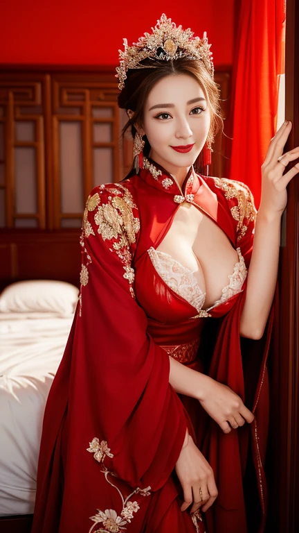 (Hyper-realistic 8K CG: 1.2), Perfect work of art, Exquisite patterns, Intricate details, (An unrivalled masterpiece, best quality: 1.2), (Extremely complex: 1.2), woman in red and gold dress, ((dark brown hair, Big tits:1.2 )), (Low-cut,Deep V),Phoenix Coronet, hair stick, (Red bed: 1.3), cosmetic, blush, Shy, (Smile),Black_hair, Looking at the audience, cosmetics, (Lace,silk), (chiffon:1.5),Focus on her breasts, (Faint areola:1.5),,Chinese_clothing, ((Red loose comfortable clothing:1.4)),(Large Breasts),D cup ,curtain, earrings, hair_decorate,Hanfu, Internal, Jewelry, Red nails, long_sleeve, (在Red bed上,Red pillow:1.6) ,(minuscule underwear:1.5),Red Dress, red lips, tassel, (Red pillow,Red quilt), (Red Hi Word: 1.2), (ancient Chinese architecture),, night,(Chinese婚礼),(Marriage room),中式Marriage room,(Phoenix Coronet霞帔:1.5),(bridal chamber),(joyful eyes:1.5),