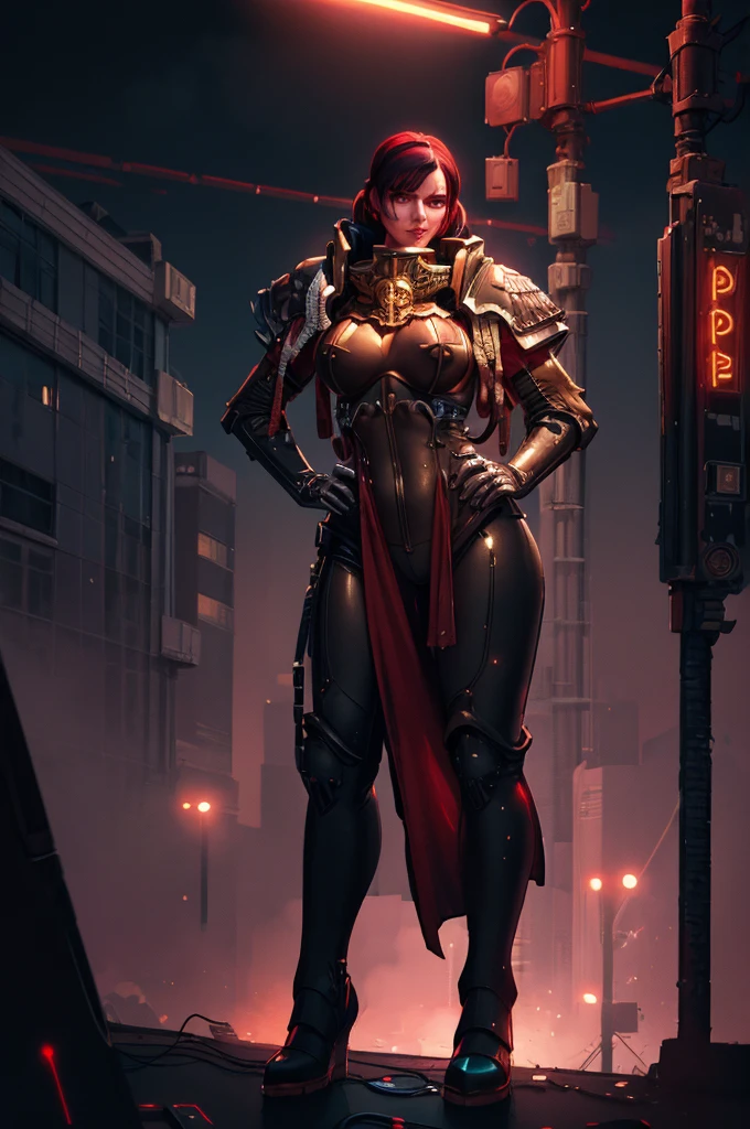 A person wearing a sleek silver jumpsuit embedded with light-up circuitry, standing confidently with her hands on her hips in front of a cyberpunk cityscape, neon signs flickering, holograms floating by, dusk sky overhead, urban and high-tech, digital painting, ultra clear, 8k, cinematic. (adepta sororitas) , (whsororitas) #(warhammer 40,000) #(sister of battle)
