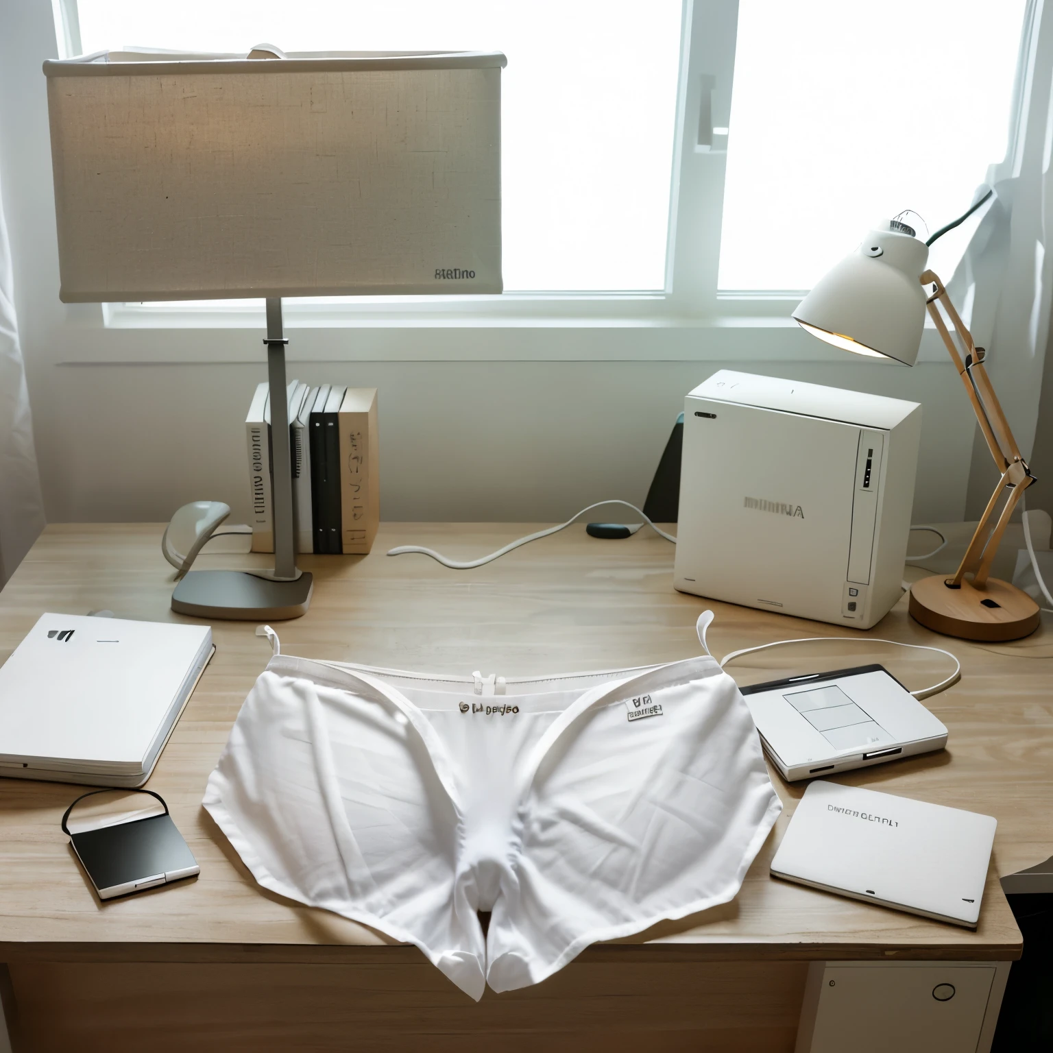 Image of two white bikini panties tied together on a professional office desk. The dark wooden desk has a modern table lamp, messy papers and an open laptop. The office is illuminated by natural light coming through a window. No debe haber ninguna persona en la escena.