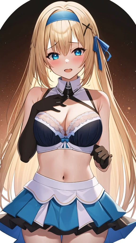 (masterpiece, best quality:1.2), 1girl, solo, blond hair, blue hairband, blue hair ribbon on the left, white-blue bra, black gloves, knight skirt, Solid color background