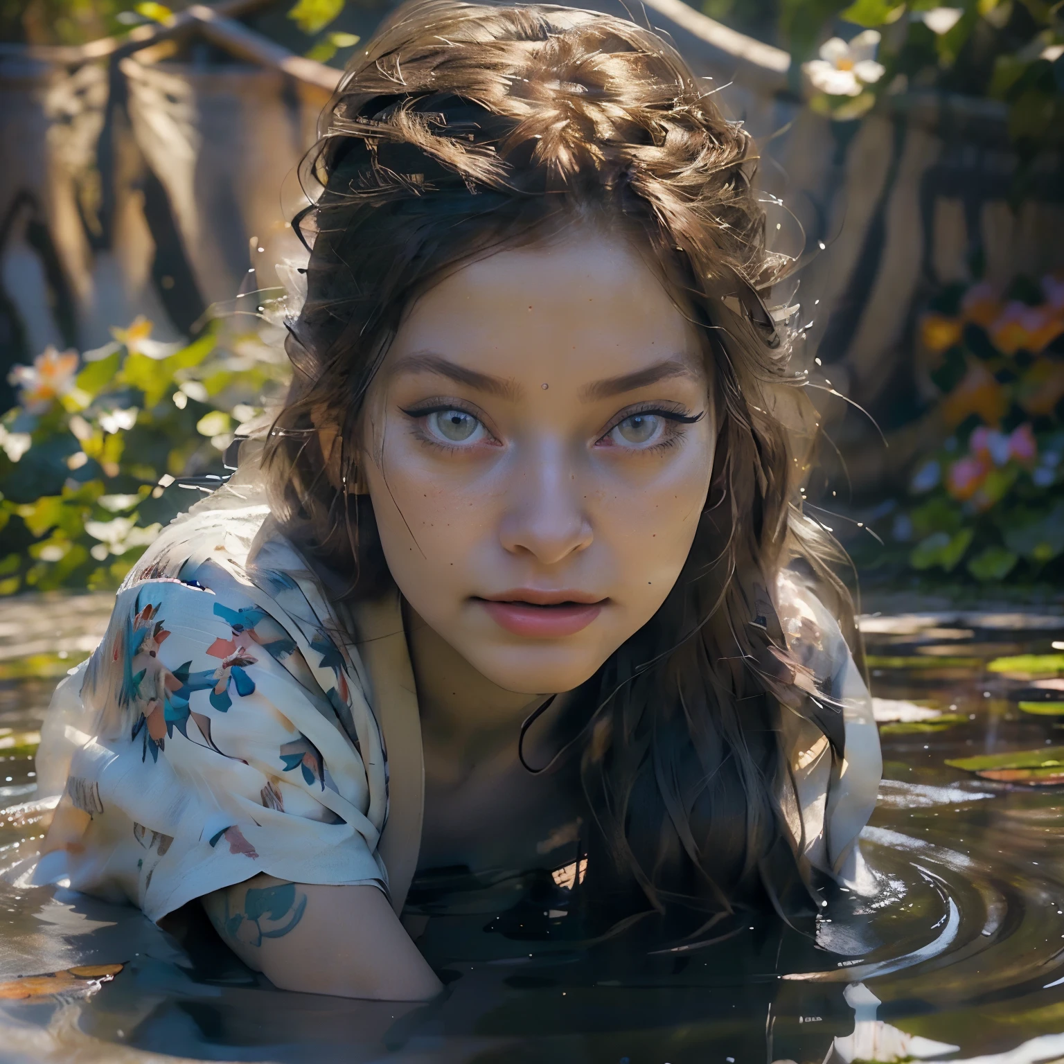 A beautiful young girl with piercing blue eyes, long flowing silver hair, delicate facial features, and an elegant, graceful pose, wearing a flowing white dress in a serene garden setting with lush greenery, blooming flowers, and a tranquil pond with a wooden bridge, (best quality,4k,8k,highres,masterpiece:1.2),ultra-detailed,(realistic,photorealistic,photo-realistic:1.37),detailed portrait,1girl,beautiful detailed eyes,beautiful detailed lips,extremely detailed eyes and face,long eyelashes,high quality digital painting,intricate details,warm color palette,natural lighting,serene garden,blooming flowers,wooden bridge,tranquil pond