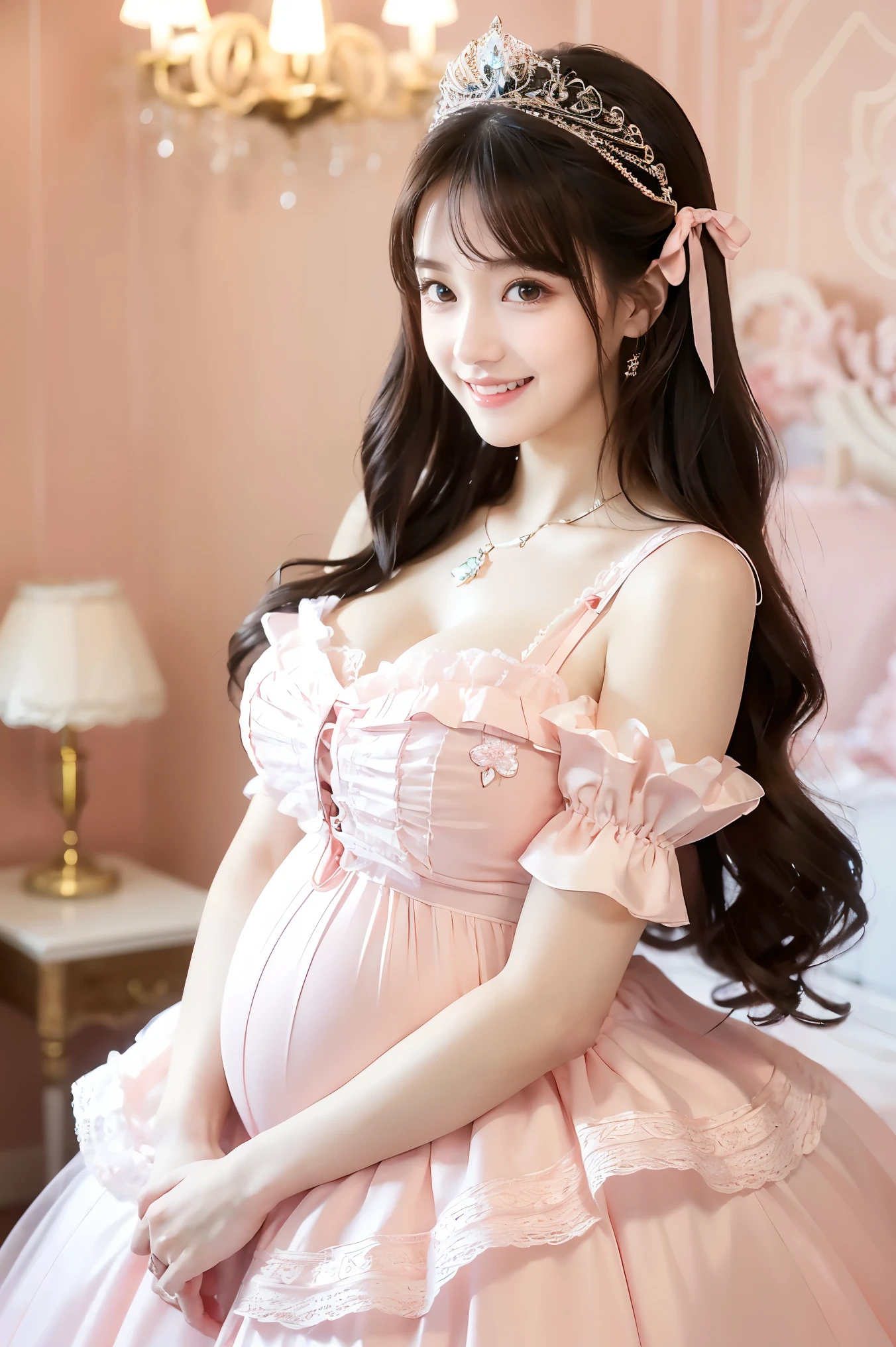 (highest quality、masterpiece、8k、Best image quality、Hyperrealism、Award-winning works)、1 cute lolita princess、(alone:1.1)、(1 photo:1.1)、(Girly and cute luxury light pink Lolita princess dress:1.2)、(Cute big ribbon on the chest:1.1)、(The most extravagant and luxurious giant princess tiara:1.1)、(Huge Jewelry:1.1)、(最も豪華でfirst-classの巨大なプリンセスジュエリーネックレス:1.1)、(精巧なジュエリーのディテールが施されたfirst-classのロリータプリンセスドレス:1.2)、(Very intricate and detailed lace decoration:1.1)、(A very intricate and elaborately decorated dress:1.1)、(The most extravagant Lolita princess dress with cute frills and ribbons:1.1)、(The most gorgeous Lolita princess dress with lovely lace decoration:1.1)、(Cute girly lolita wavy hair:1.1)、(first-class, The most beautiful and shining chandelier:1.2)、(Low length:1.1)、(height: 140cm:1.1)、(Very large breasts:1.2)、(Cleavage:1.1)、(Cute heart symbol:1.1)、Lots of cute frills、Accentuate your body lines、Slender body、Standing Elegantly、(Pink and white most gorgeous and luxurious lolita princess room background:1.1)、(細部まで精巧に仕上げたfirst-classのピンク, White and Gold Lolita Princess Room:1.1)、(A luxurious princess room with the most extravagant and girly atmosphere:1.2)、(The most gorgeous and glamorous pink Lolita princess room:1.2)、(very bright and vivid:1.4)、(Bright and shiny dress:1.2)、(A very bright and shining white and pink princess room:1.4)、(The most extravagant and lavishly decorated, Luxurious walls:1.1)、Standing Elegantly少女、Accurate anatomy、Perfect Makeup、Long eyelashes、Glossy lips、Ultra HD glossy skin、(Ultra-high definition, bright and beautiful skin:1.3)、超高精細のGlossy lips、Ultra-high definition beautiful teeth、Ultra HD beautiful light brown hair、(Big belly in late pregnancy:1.2)、(The body faces straight ahead:1.1)、Voluptuous body
