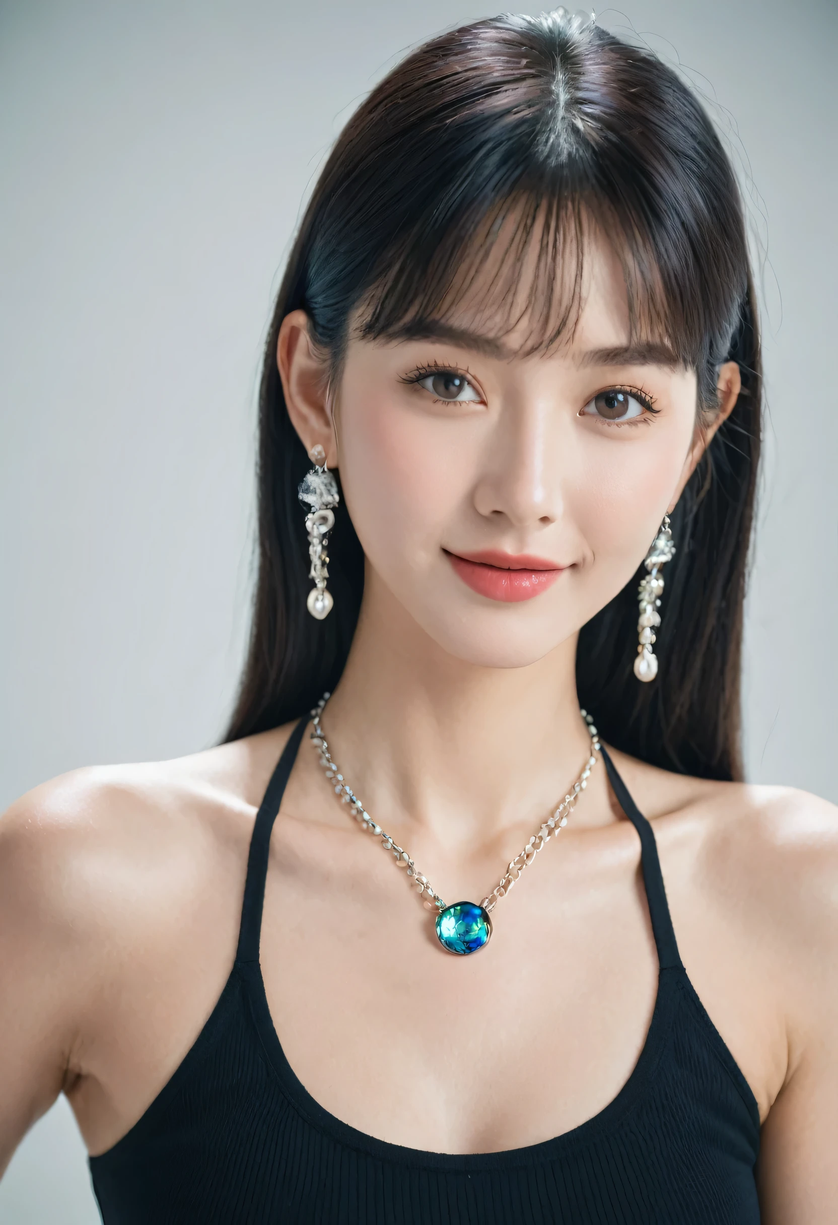 (Canon RF85mm f/1.2,best quality,Reality:1.4,Light),Texture,Shiny),(necklace,earrings),Smile,Dynamic poses,((representative work))((best quality)),80s DBA style,girl,single,long hair,looking at the audience,Bangs,Bare shoulders,shut your mouth,Upper Body,Ponytail,Black Hair,Lips,Colorful clothes,Transparent clothes,Science fiction,Cyberpun overcomes
