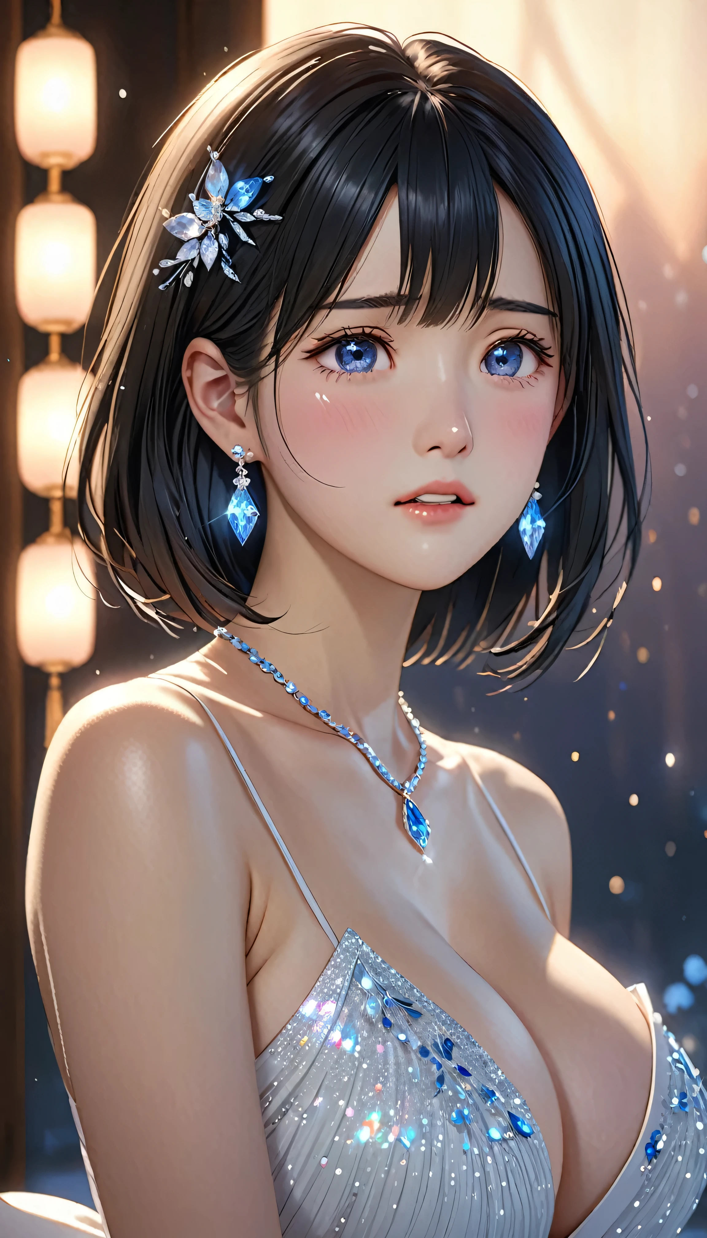 National Science Foundation,masterpiece,High resolution,8K,Art,digit,Three-dimensional,Realism,Kyoto Animation Style,Your name style,18 years old,looking into camera,Soft Light,Glowing skin,(Super large breasts:1.2),(two women: 1.3),(alone: 1.4),(((black hair))),(Naked upper body),(diamond hairpin),(Small,Diamond necklace),(Small,Diamond earrings),Long eyelashes,Slender legs,Short Bob,Close-up of upper body,Close-up,(Eyes that sparkle like sapphires),(open mouth),(blush),(shy),(lovely and delicate),(Pitiful),(cry),(pain),(Howl),(shed tears),(((A sad expression)))