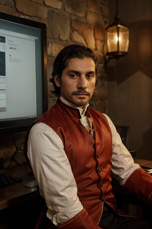 Wall-sized computer screen with graphs, diagrams, tables. Spanish man, 35 years old, in front of the screen, without mustache and beard. 18th century clothing, in red tones, no headdress. There are aiguillettes, Jewelry. Uniform lighting, There are no shadows. Caballero faces the viewer and looks into the camera.