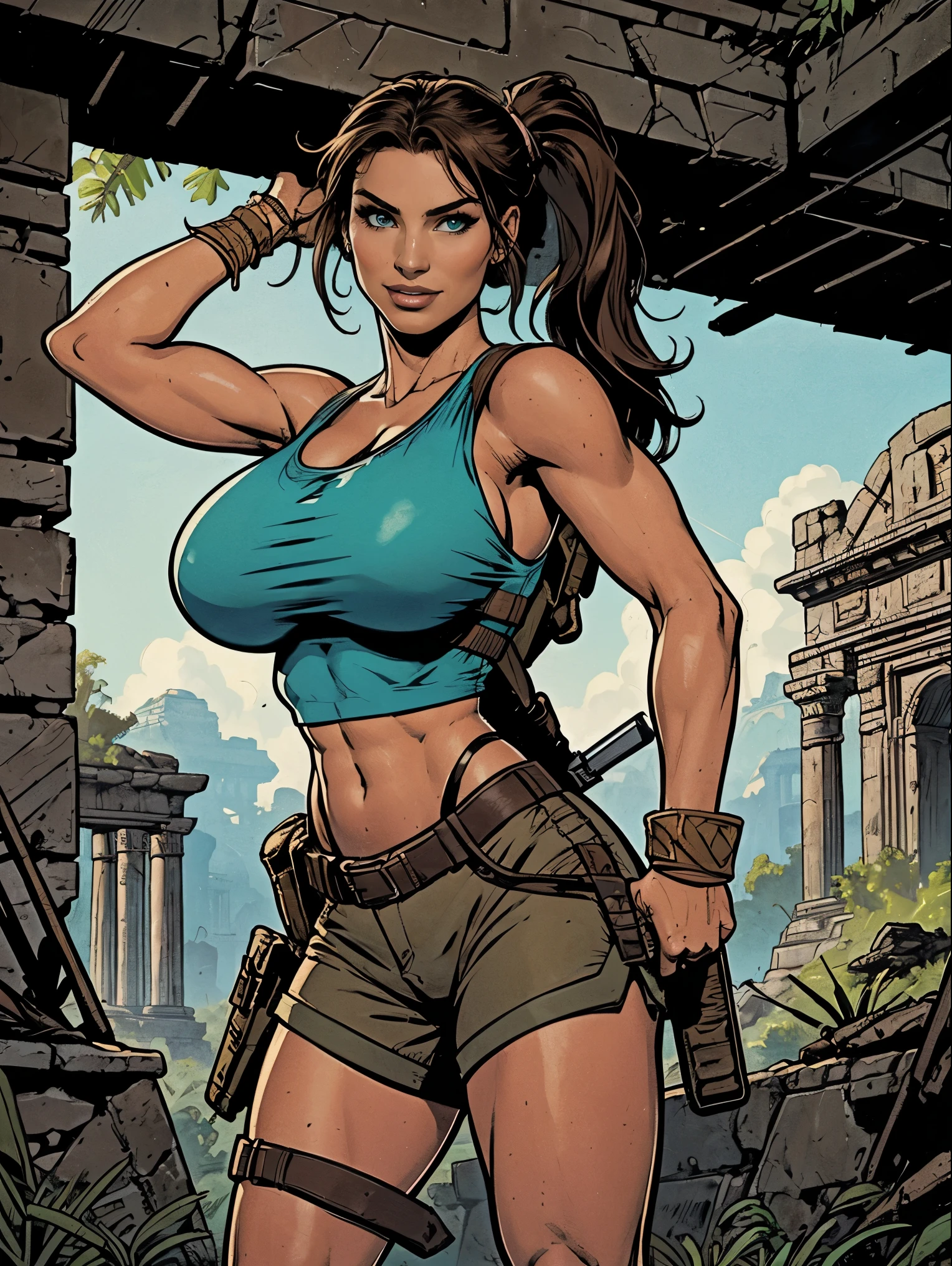 (masterpiece, top quality, best quality, official art, beautiful and aesthetic:1.2), (1girl:1.3), brown hair, ponytail, extremely detailed, portrait, looking at viewer, solo, (full body:0.6), detailed background, close up, mischievous eyes, (cool Incan ruins theme:1.1), pleasant smile, brunette, aquiline nose, green eyes, ponytail, ((gigantic breasts)), (thin), athletic, Lara Croft. Wearing a sleek light blue sleeveless top, brown shorts, boots, shoulder harness, backpack, holsters, utility belt, slim waist, slim hips, long legs, ancient (jungle ruins exterior:1.1) detailed background, bright optimistic lighting, shadows, magical atmosphere, dutch angle, (((underboob)))