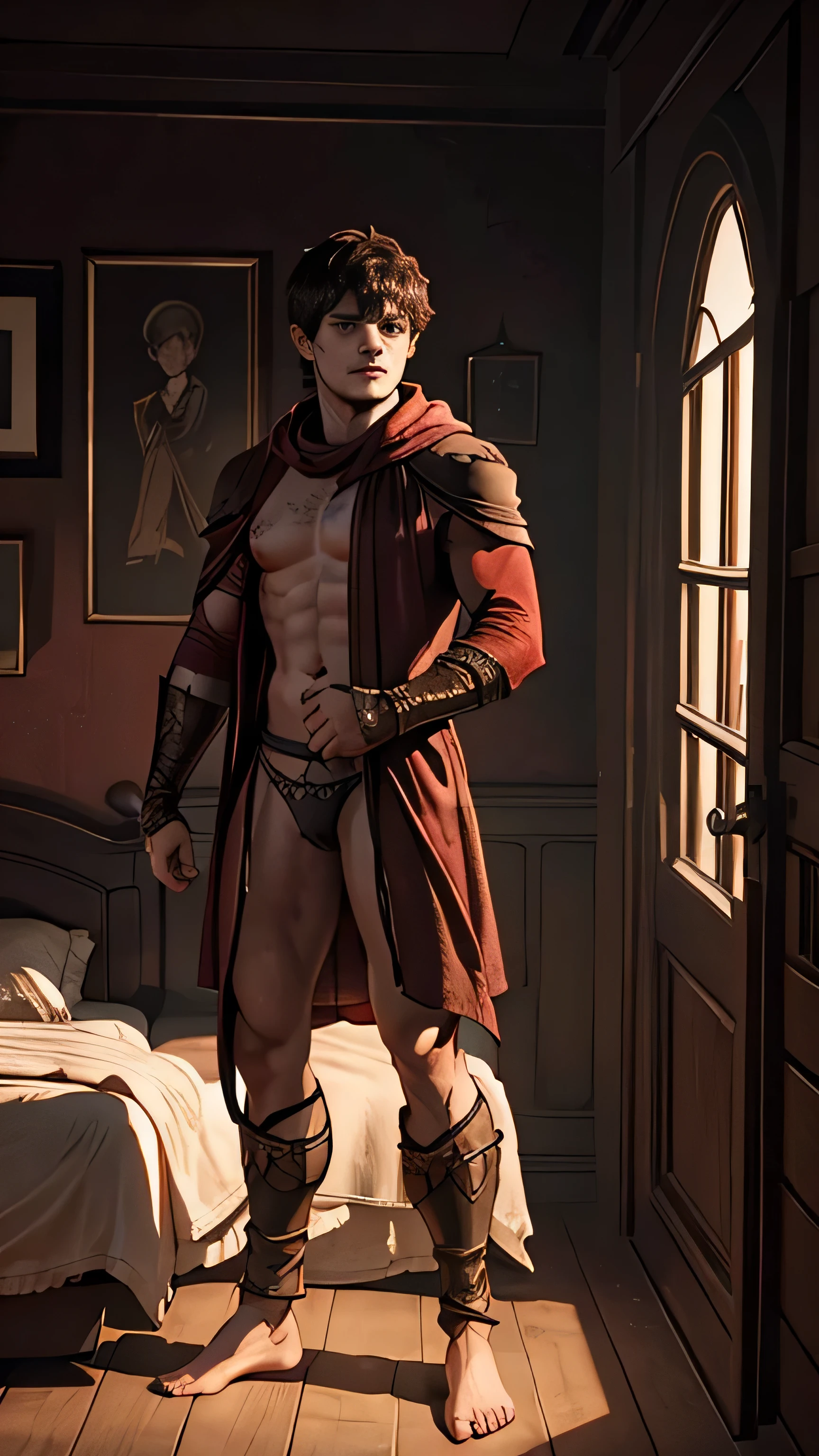 (Iwan Rheon) as Ramsay Bolton, (naked torso), red panties, black mantle, standing, in a bedroom, (1man), (solo), (full body view), beautiful detailed glow, detailed, cinematic light, intricate detail, realistic, highres, detailed facial features, high detail, sharp focus, smooth, aesthetic, extremely detailed, stamp, octane render