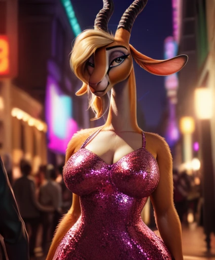 (by pixelsketcher:0.6), (by personalami :0.6), solo, female, gazelle (zootopia), detailed background, (cinematic lighting:1.1), (perfect focus:1.1), 8k hd, photo, (detailed eyes:1.2),depth of field, bokeh, subsurface scattering, wide angle, bright colors, (furry detail:1.3),detailed background,realistic, photorealistic, ultra realistic, Mardi Gras, festival, night time,(short tail),(fluffy:1.3), (realistic fur:1.1), (extreme fur detail:1.2),sexy pose, blonde hair, pink sequined dress, big breasts, full body, wide hips