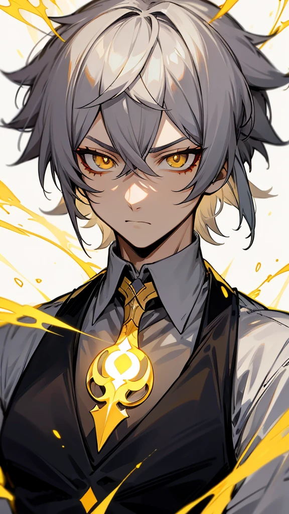 Aether from Genshin Impact. Short gray Hair. Golden Eyes. 1male. Serious expression. Black vest. Sharp pupils. Black sclera.