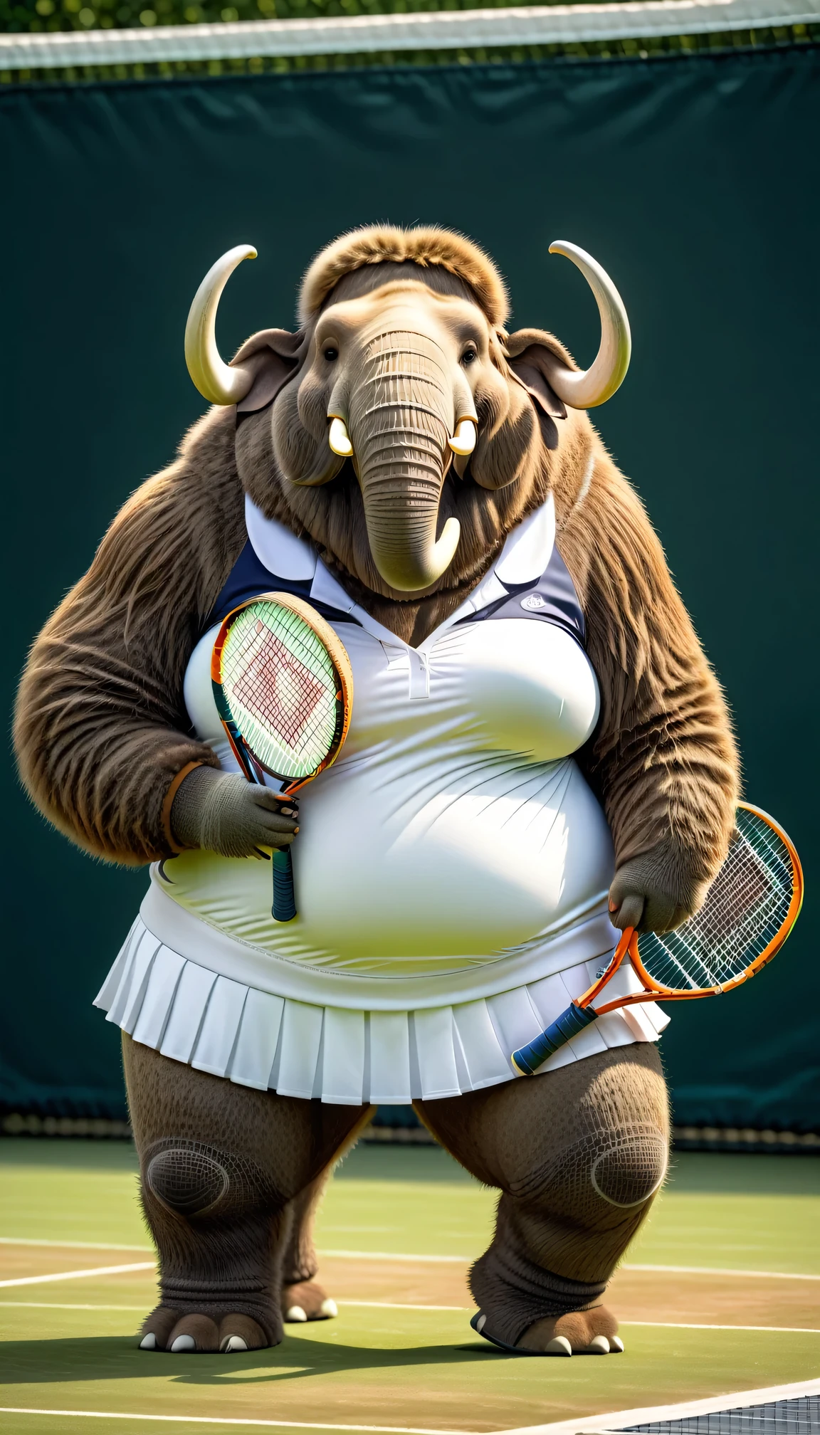 photorealistic portrait of Dressed animals - a (fat) mammoth tennis player,(hand on hip:1.5),(happy smile),(furry), high quality,(lovely) ,intricate details, highly detailed (female tennis wear), holding tennis racket, grass tennis court background, (happy), perfect lighting,(full body image:2.0)