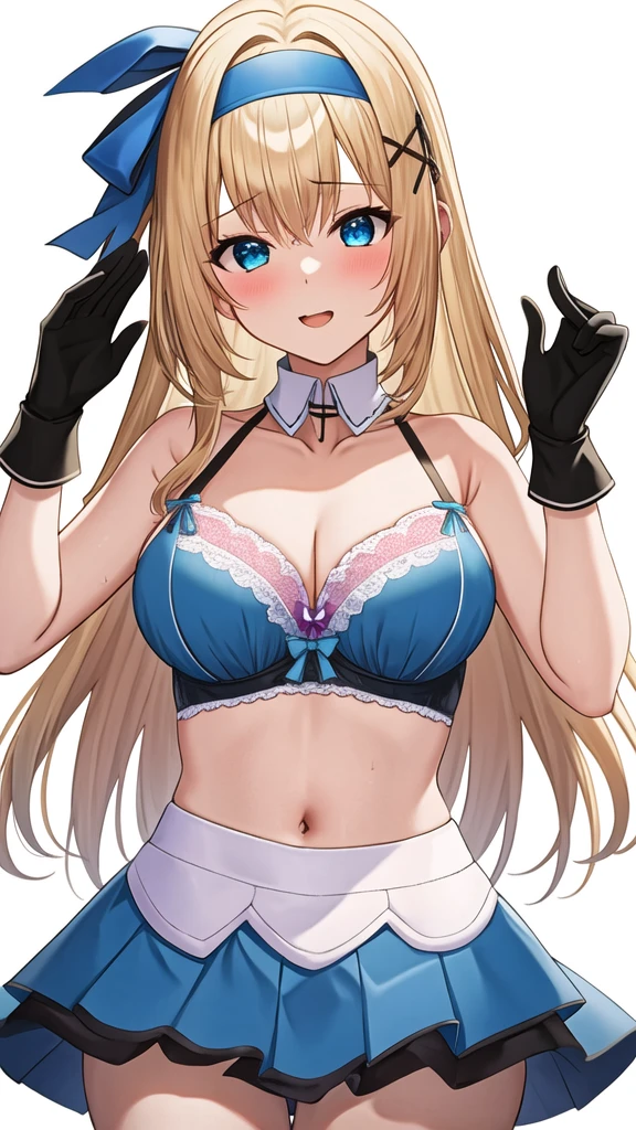 (masterpiece, best quality:1.2), 1girl, solo, blond hair, blue hairband, blue hair ribbon on the left, white-blue bra, black gloves, knight skirt, gray background