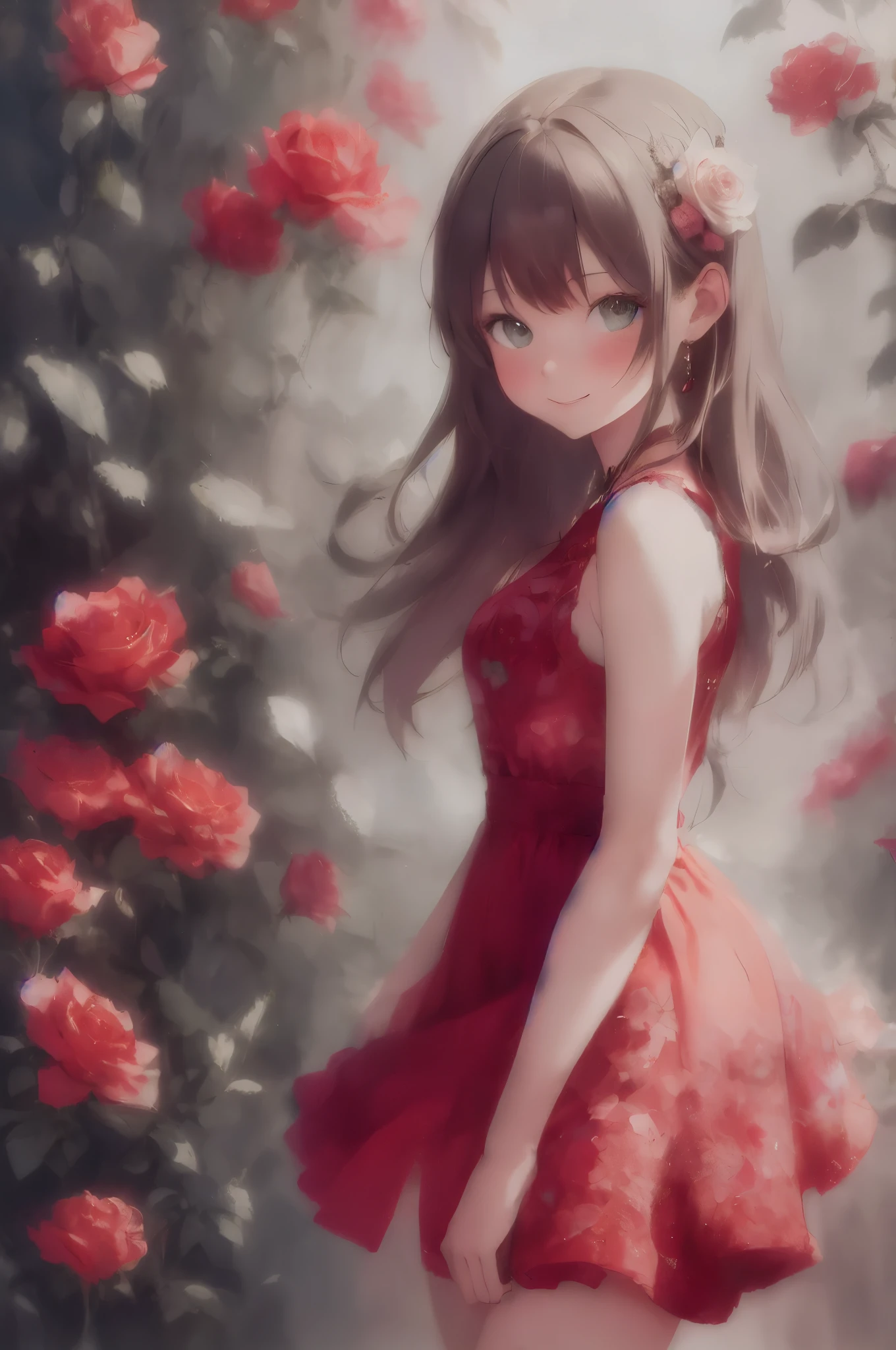 Absurd, High resolution, Super detailed, (One beautiful girl:1.3),　A little smile, Know, de luz, Crimson rose dress, de luz, satin, Glitter, Watercolor style, Soft Blending, Dreamy wash, light texture,